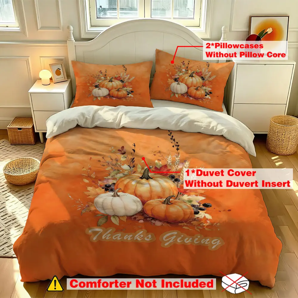 3-piece set (1 bedspread + 2 pillowcases, without a filling) with a Thanksgiving pumpkin-themed design. This soft and comfortable bedding set is suitable for use in all rooms and throughout the year. It's perfect for room decoration and makes a war