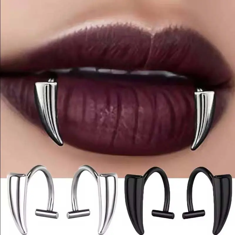 2PCS Goth Fake Piercing Set, Stainless Steel Vampire Fang Teeth Style Lip Jewelry, Adjustable Punk Snake Bite Fake Piercing Accessories, Alternative Fashion Costume Jewelry for Halloween, Cosplay, Parties & Everyday Outfits