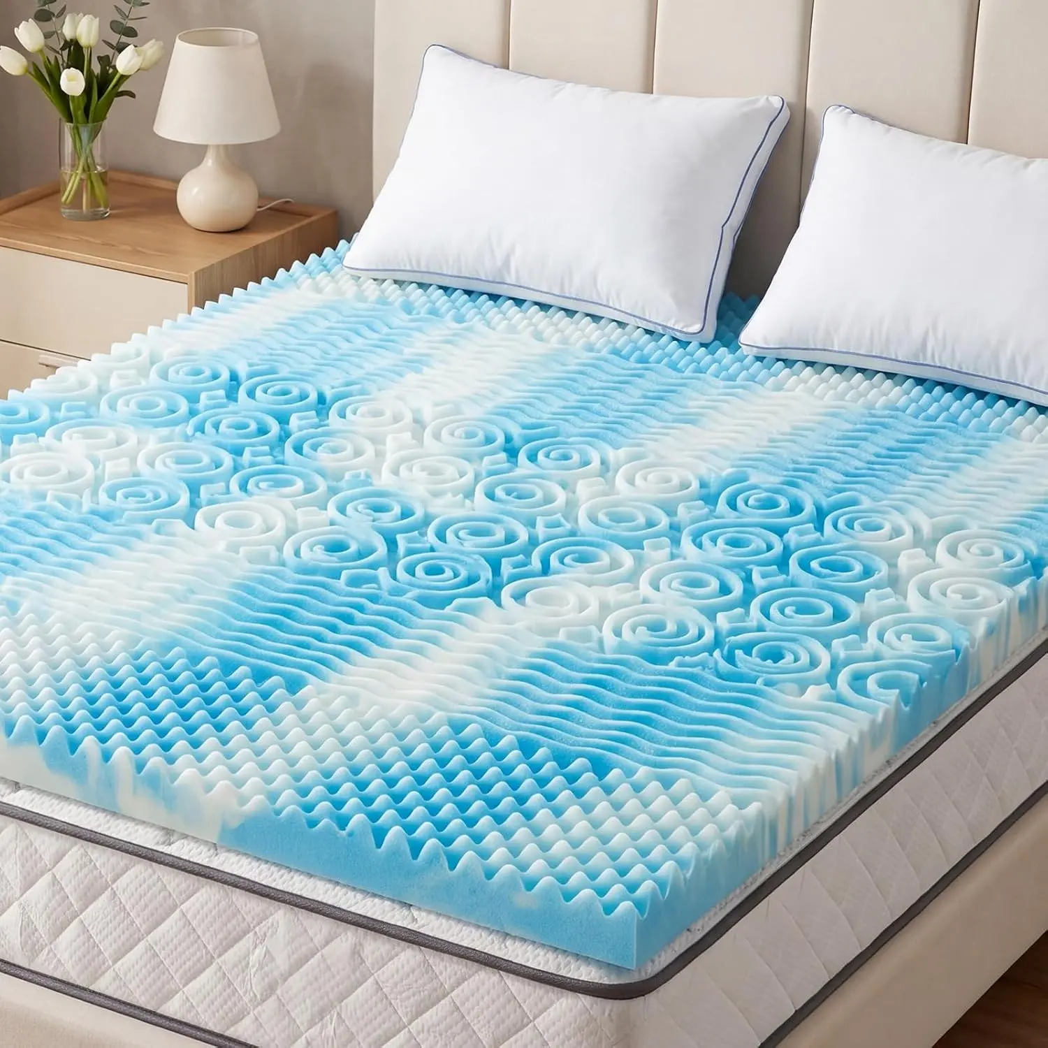 2 Inch Memory Foam Mattress Topper Queen, 5-Zone Cooling Gel Infused Pressure Relief Bed Topper for Back & Hip Pain, Soft Dorm RV Camping Mattress Pad, Blue