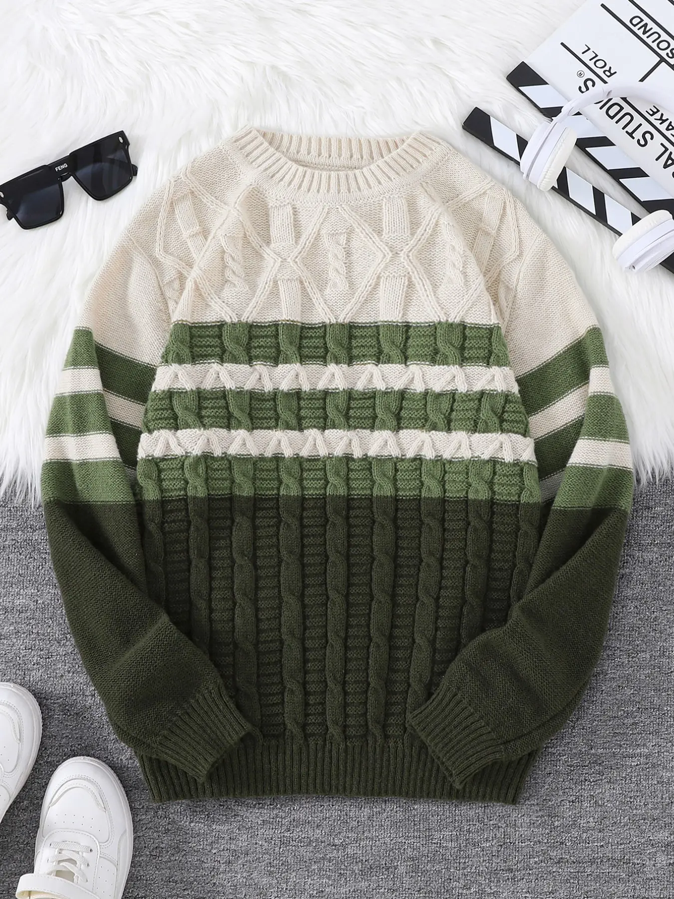 Autumn Winter Striped Round Neck Casual Couple Sweater, Fitted Long Sleeve Knitwear, Trendy Men's Fashion Top, Plain Pattern