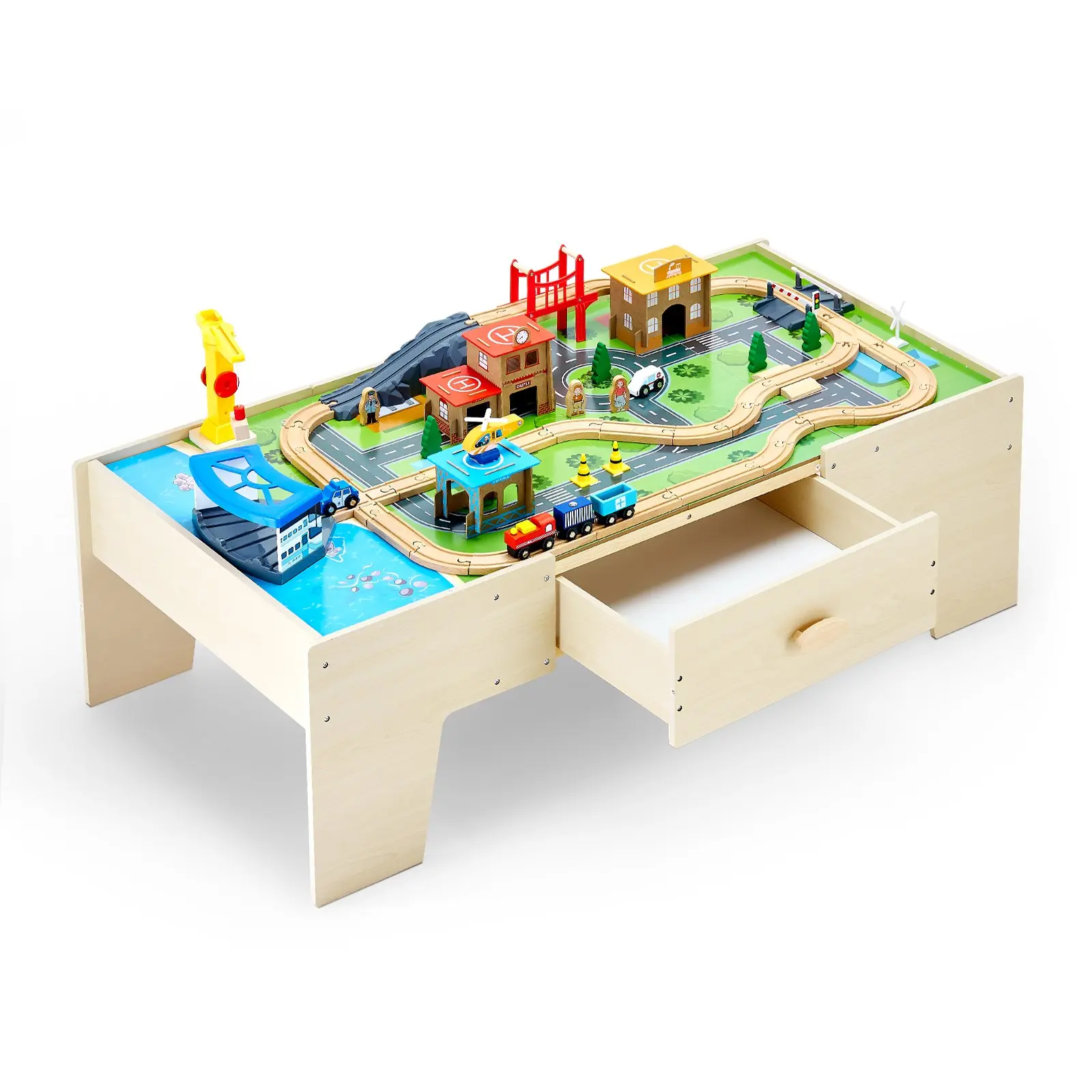 【DealsForYouDays】 VEVOR Train Table, 62 Multicolor Pieces Wooden Kids Activity Table with Large Storage Drawer, 3-in-1 Wooden Train Set for Playing, Drawing, Reading, Eating, Creative Toy Set for Kids Ages 3+dealsforyoudays