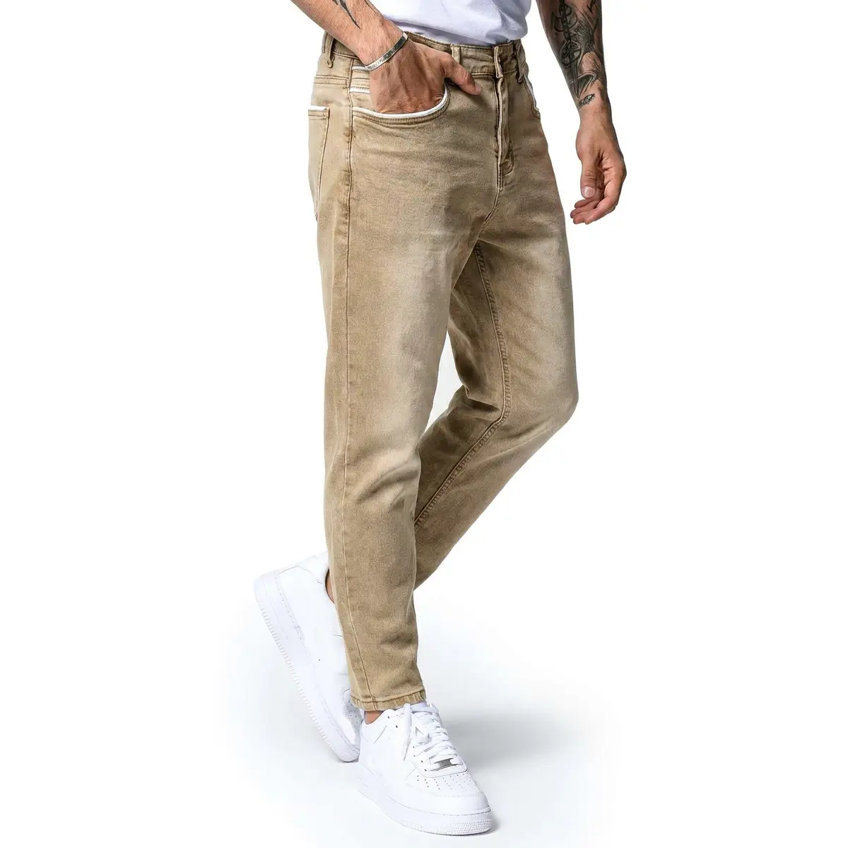 Men's Timeless Vintage Khaki Slim Tapered Jeans - Faded Washed Mid-Waist Denim Trousers with Distinct White Stitching Pockets, Minimal Retro Streetwear for Casual Commute, Pairable with Polo Shirts, Natural Outfits, Sneakers