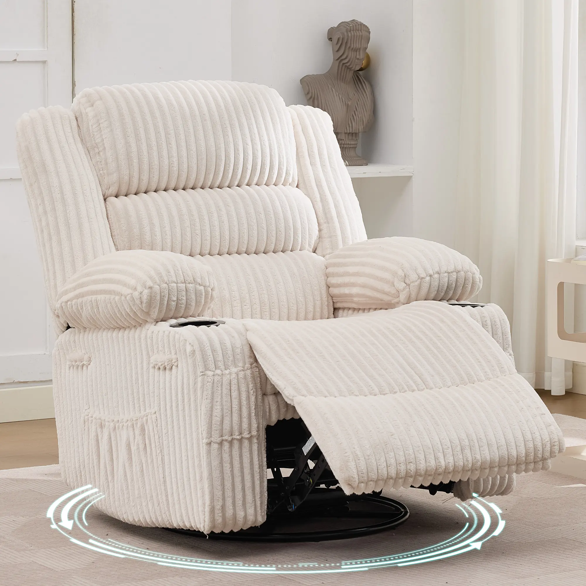 Corduroy Rocking Recliner Chair - 360° Swivel Glider Upholstered Single Sofa with Side Pockets, Cup Holder for Living Room, Small Spaces