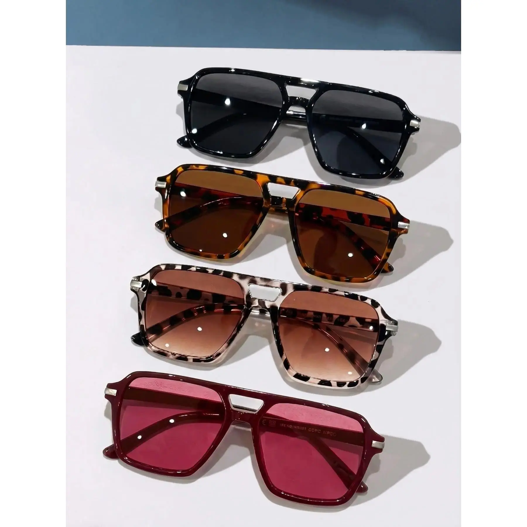 4 Pairs Dual Bridge Pilot Square Sunglasses, Retro Hong Kong Style Multicolor PC Frame Trendy Shades for Daily Commute Street Vacation Dating