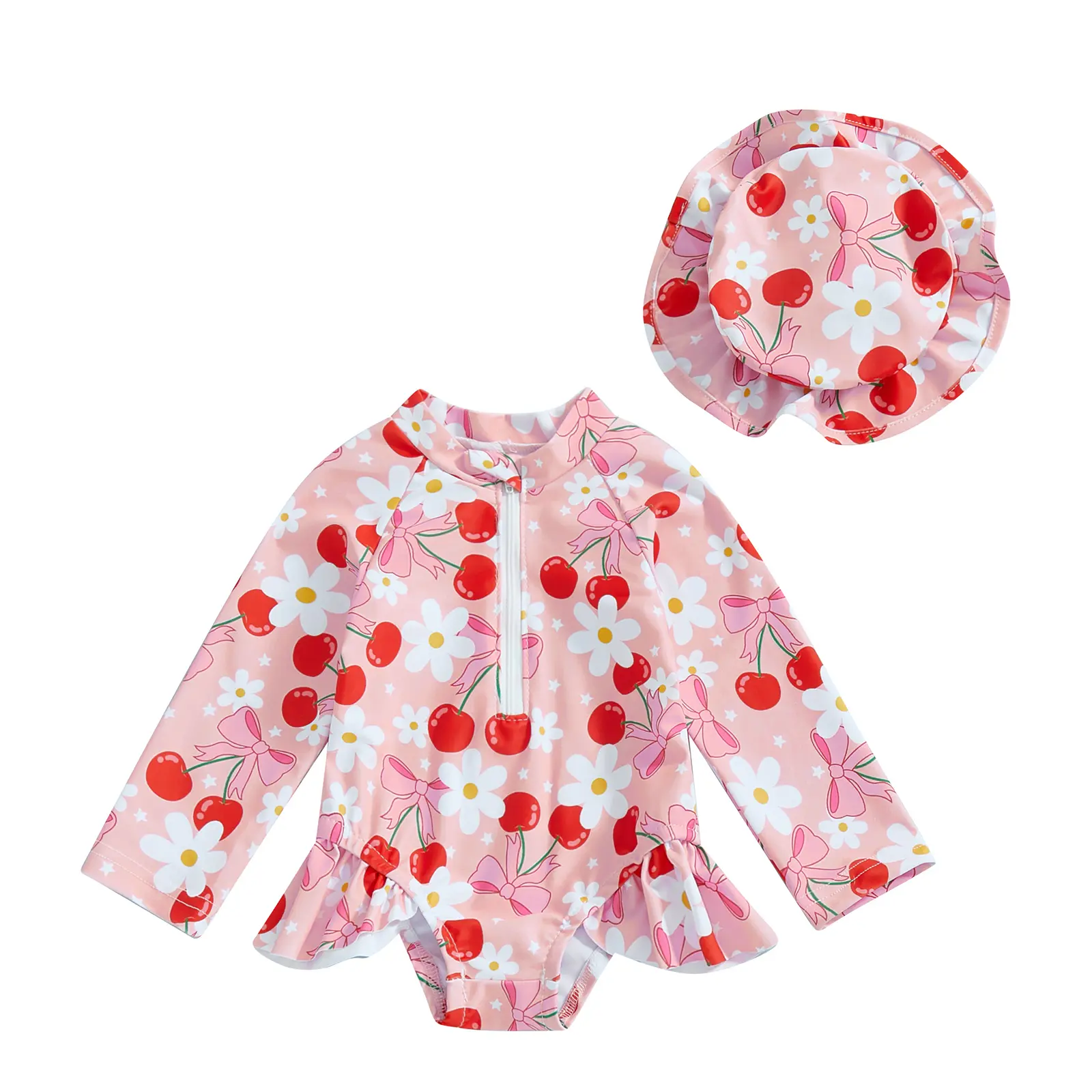 2Pcs Baby Infant Girl Swimsuit Toddler Bathing Suit Zipper Long Sleeve Cherry/Bowknot Rash Guard Swimwear with Sun Hat