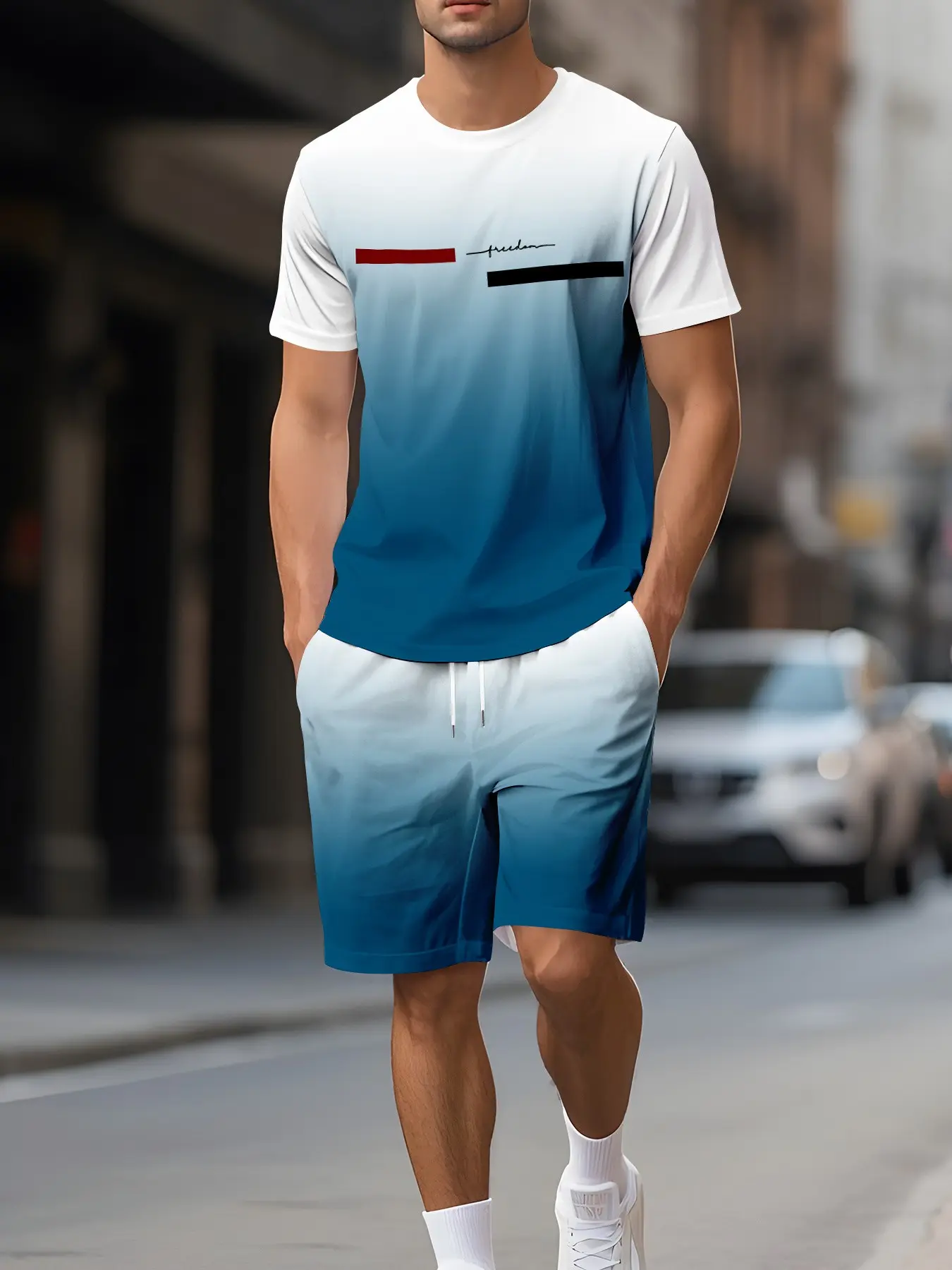 Teen & Adult Men Two-Tone Split Graphic Matching Tracksuit, Lightweight Micro Polyester Short Sleeve Top & Quick Dry Burgundy Casual Shorts, Relax Fit Two Piece Outfit for Beach Trip Seaside Stroll, Hot Trending Men Summer Vacation Loungewear