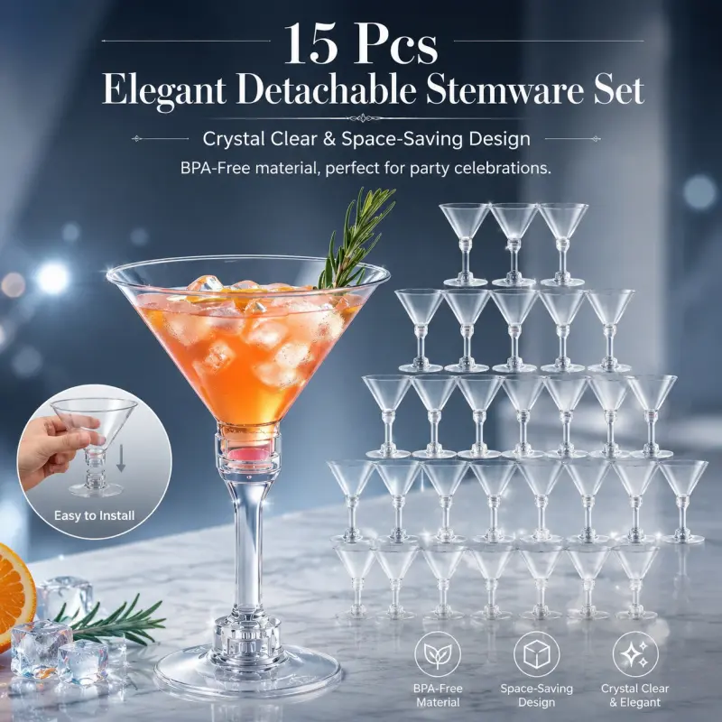 15-Pcs Detachable BPA-Free Martini Glass Set | Drinking Glasses Set, Crystal Clear, Space-Saving Plastic Cocktail Glasses for Parties, Weddings & Outdoor Events