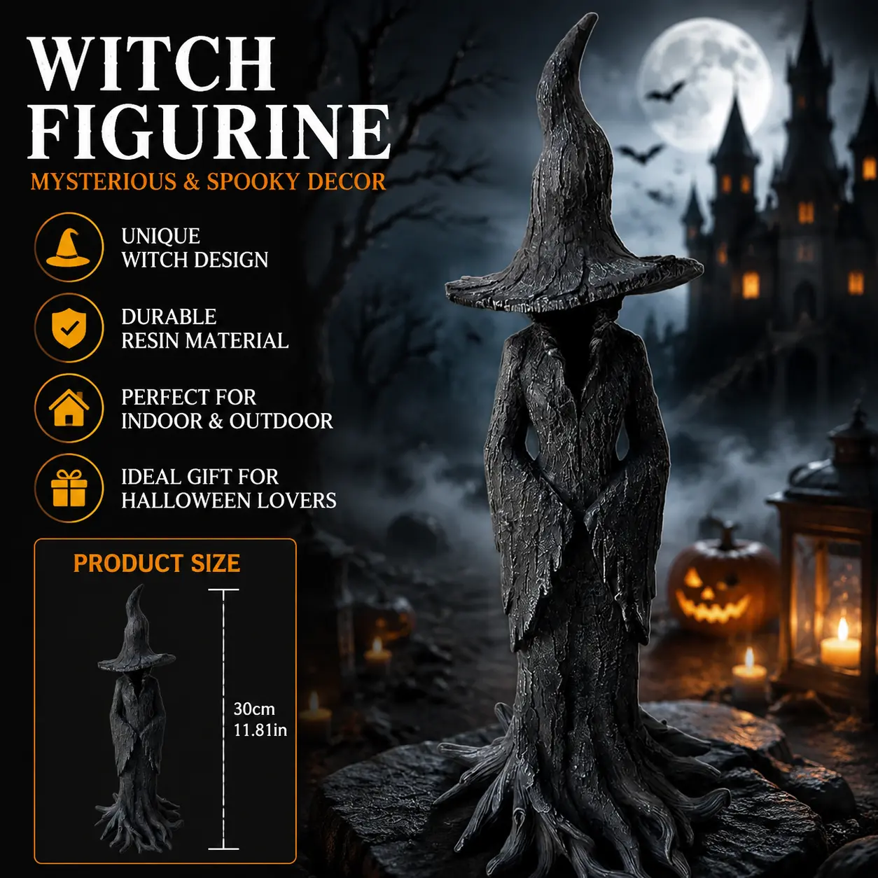 Spooky Cartoon Halloween Witch Figurine - Gothic Resin Statue, 12in Unisex Adult Decor, Retro Magician Entryway/Desk Ornament for Office Room Tabletop Display Supplies, Polyresin