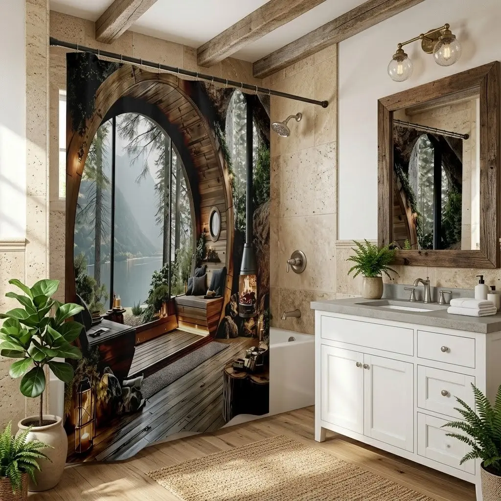 1pcs Wooden Arch Forest Cabin Decorative Shower Curtain, Serene Mountain Lake Scenery Print, Warm Stove, Candle Lantern & Pine Tree Wilderness Pattern, Cozy Winter Holiday Rustic Bath Partition For Nature Lodge Bathroom Decor, Bathroom Curtains