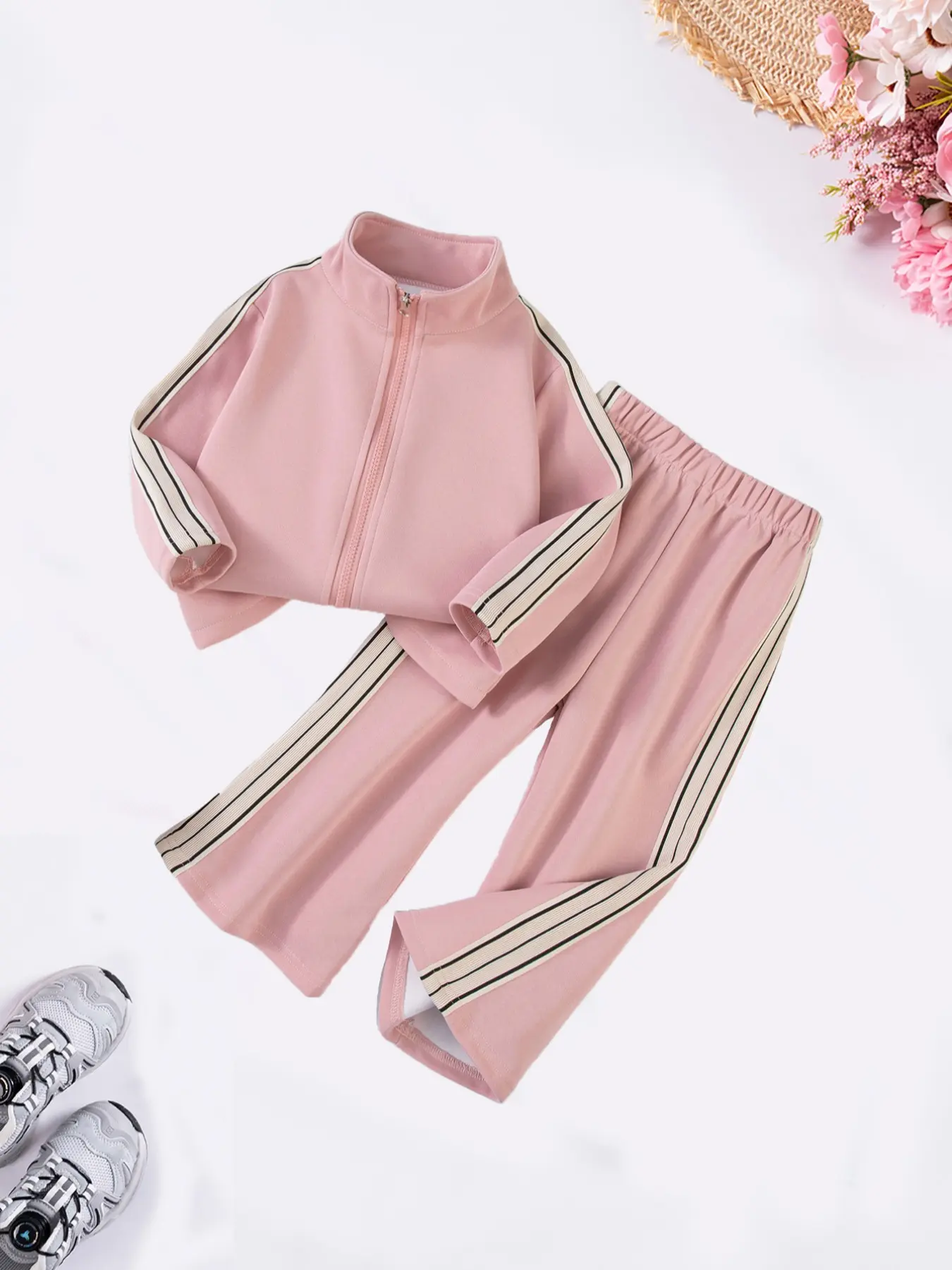 2-piece Spring/Autumn Girls' Fashion Striped Print Set, Fashion clothes sets, Outfits Set, long-sleeved zip-up jacket with wide-leg trousers Suitable for girls aged 2-7 Ideal for outdoor and school wear