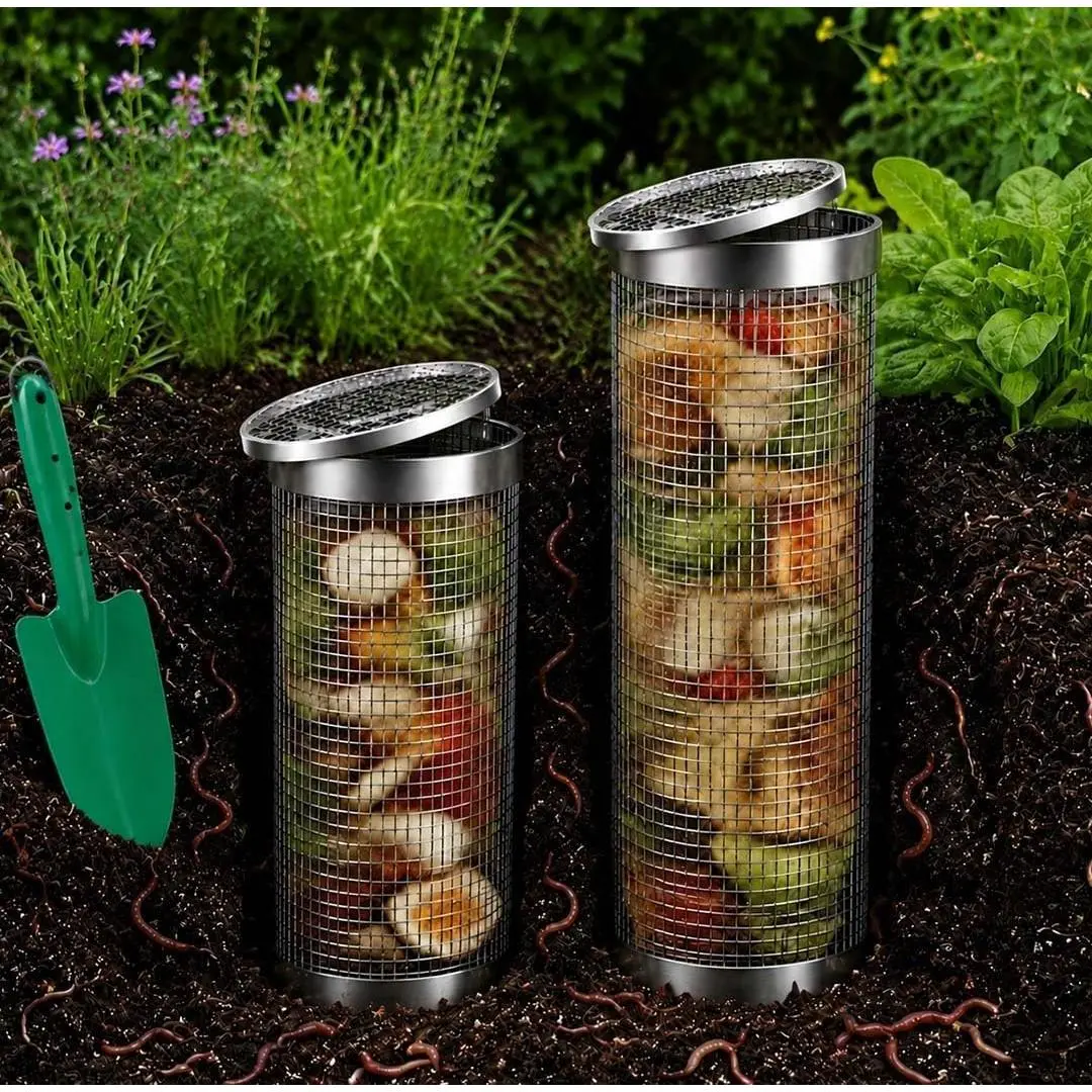 2 Pack Stainless Steel In Ground Worm Compost Bin, Underground Vermicomposting Container with Lid & Garden Shovel for Kitchen Scraps Recycling, Outdoor Garden Use