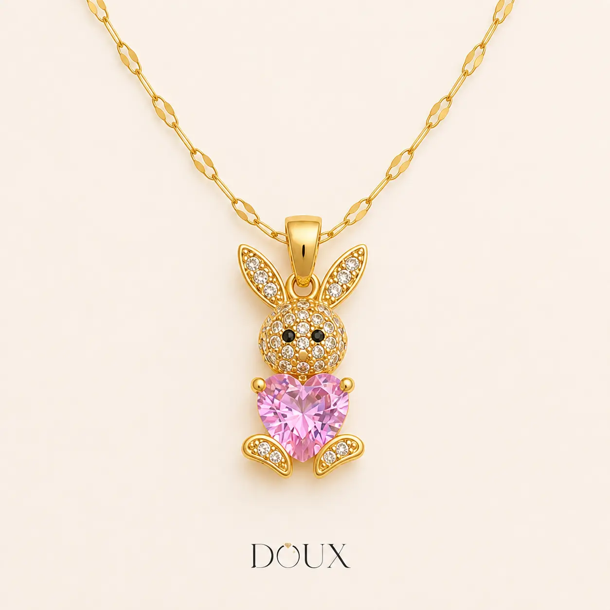 DOUX Pink Heart Crystal Bunny Pendant Necklace for Women – Gold-Tone Rabbit Jewelry