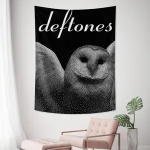 Deftones band Metal Album Art Tapestry - White Barn Owl Spreading Wings Black White Dot Array Pattern Poster Wall Hanging, Rock Music Fabric Banner, Dark Aesthetic Room Decor Dorm