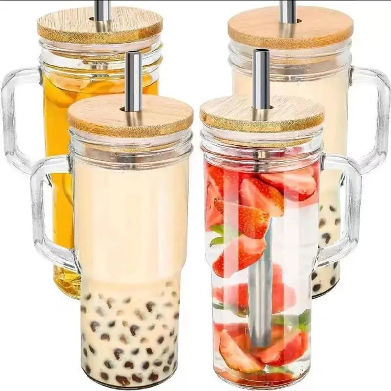 24oz Glass Cups with Lids and Straws - Glass Tumbler cup with bamboo lids and straw iced coffee cup Reusable Drinkware Perfect for gifts#Summer vibes
