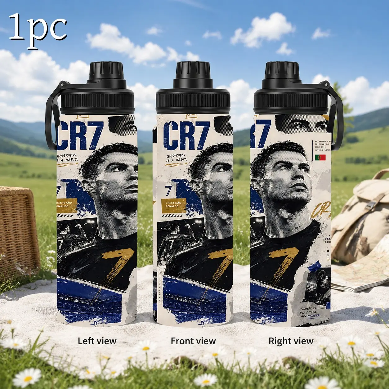 1pc 20/30oz Sports Water Bottle With Carry Handle, Handheld Water Bottle Running, CR7 No.7 Football Newspaper Print Stainless Steel Insulated Travel Flask, Leakproof Flip Top Water Jug For Gym Hiking Outdoor, Soccer Fan Merch Gift For Football Lovers