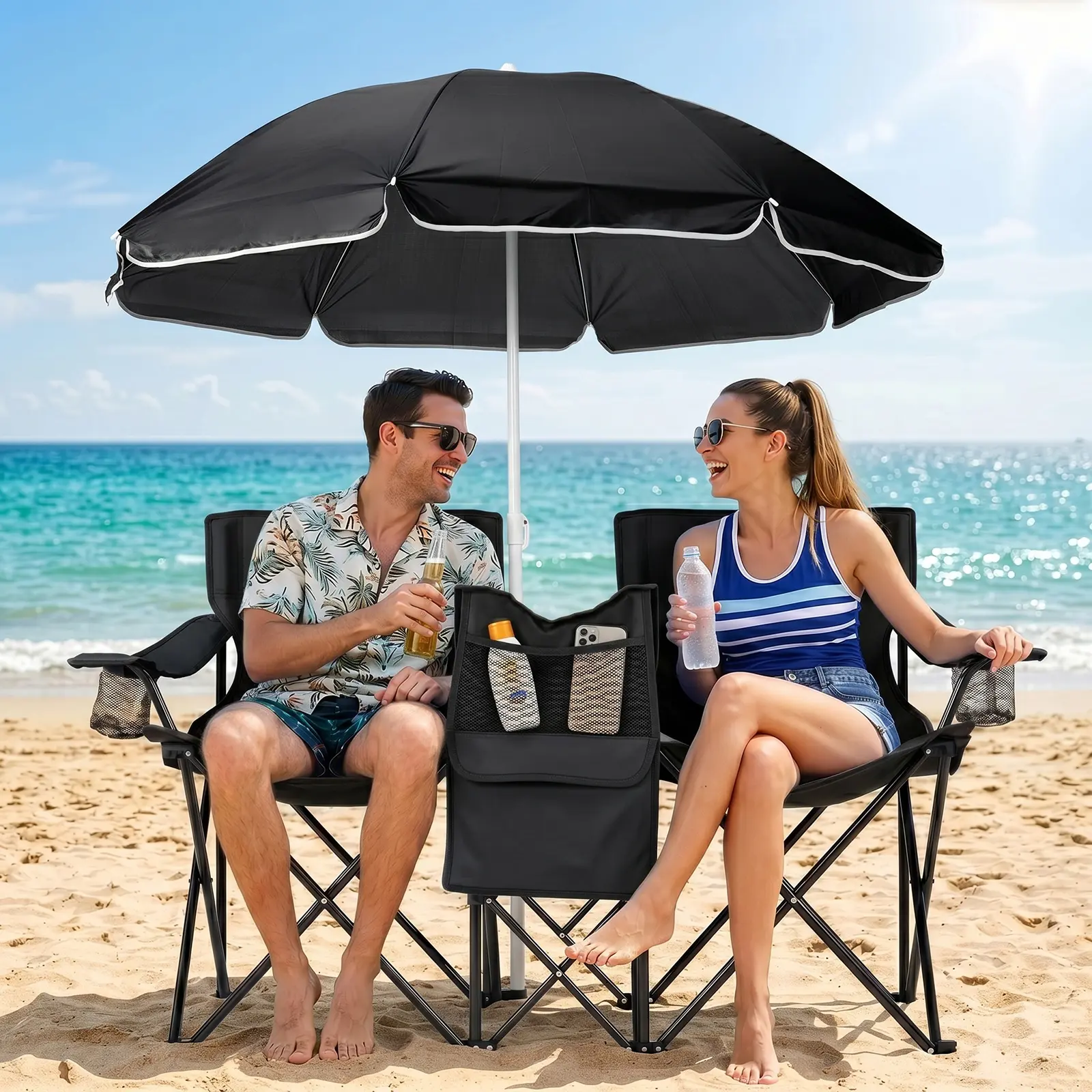 XL Double Folding Beach Chair with Sun Protection Umbrella, Heavy-Duty Unisex Loveseat with Cooler & Armrests, 480 lbs Capacity for Camping, Extra Large, Beach Chair With Canopy, 480Lbs Cap., Umbrella&Cooler, Two Adults