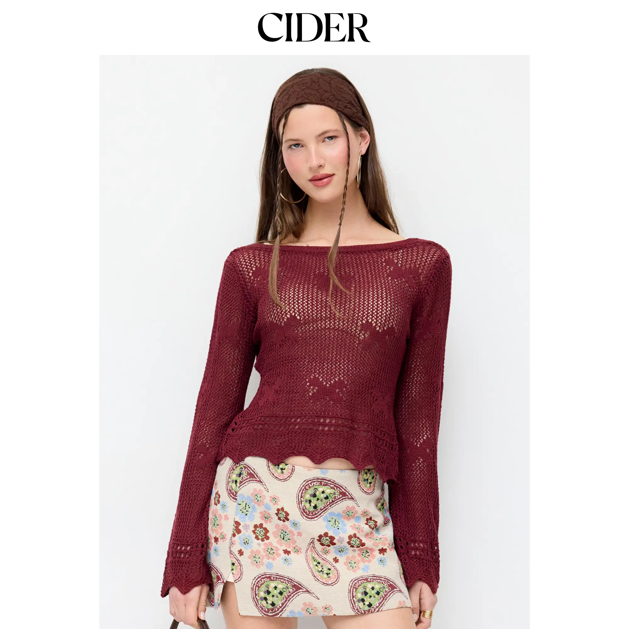 Cider Knit Crochet Boat Neck Bell Sleeve Knotted Cut Out Backless Top SohoChic