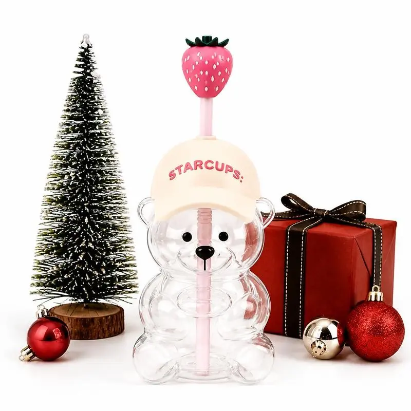 20oz Cute Bear Glass Cup, Bear Lid with Strawberry Straw, Dishwasher‑Safe, for Bubble Tea & Cold Drinks