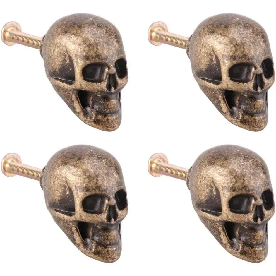 Skull Knobs 4 count Zinc Alloy Heavy Drawer Handle Cabinet Hardware Kitchen Cabinet Pulls Cupboard Handles Dresser Drawer Knobs Kitchen Cabinet Hardware with Screws (Bronze)
