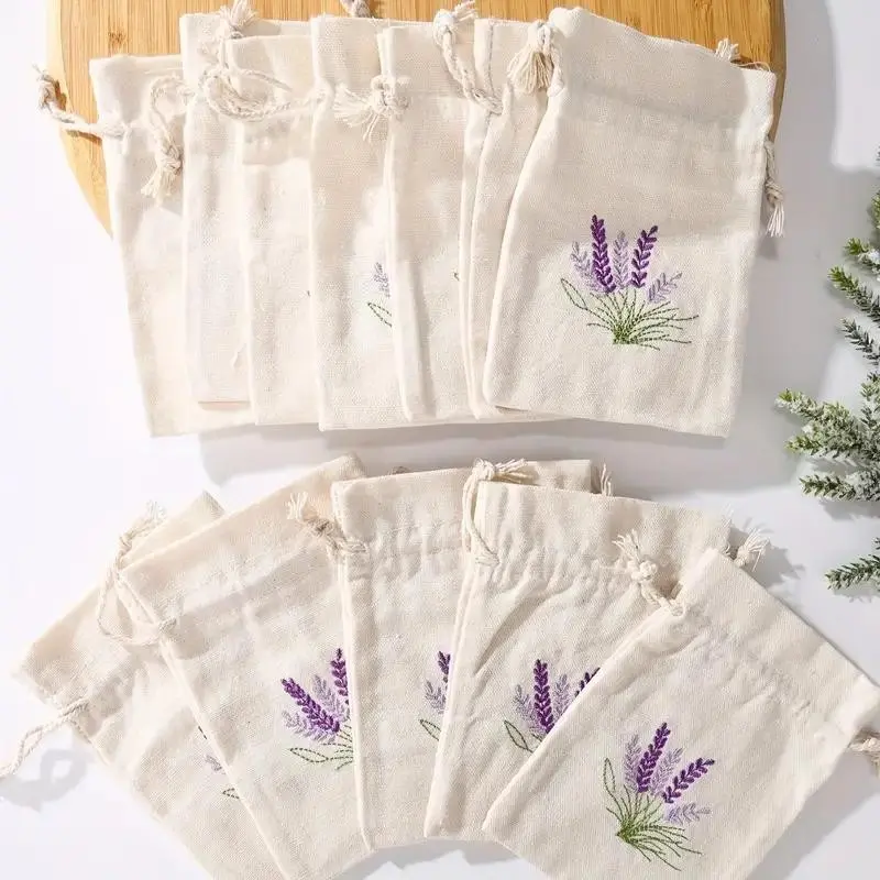 Lavender Floral Drawstring Bags, Canvas Fabric Gift Bags for Jewelry, Crafts, Party Favors, Wedding Gifts, Elegant Flower Pouches