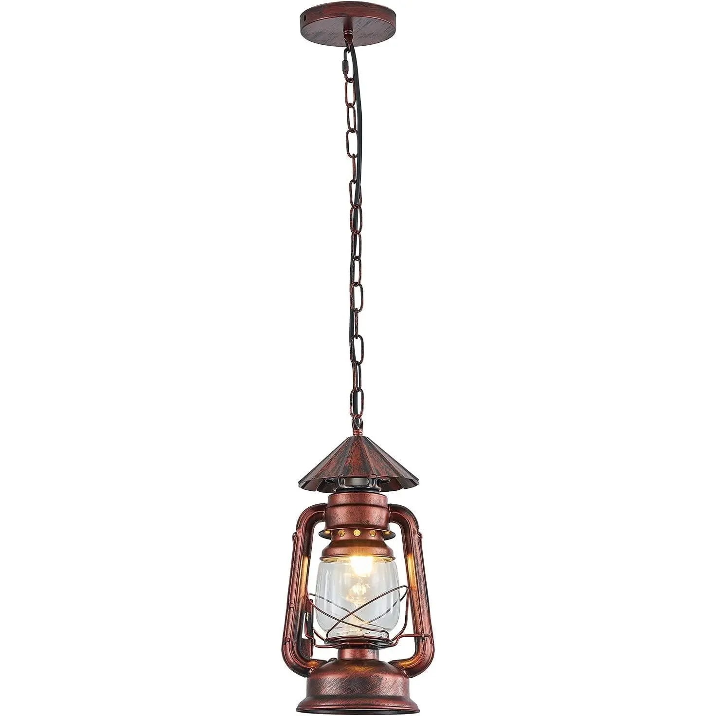 Vintage Pendant Light Lantern Ceiling Fixture with Glass Shade Adjustable Chain for Kitchen Island Farmhouse Loft Porch 7" W x 15" H