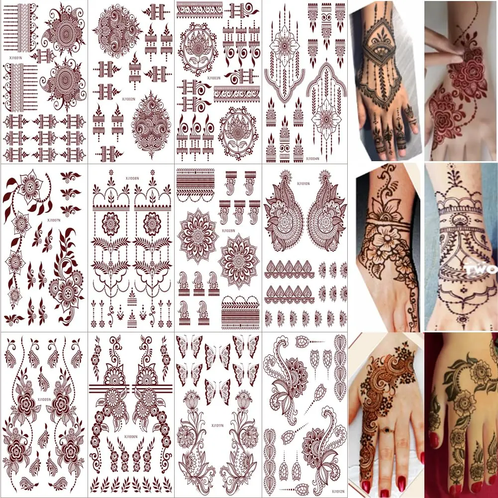 12 Sheets Henna Temporary Tattoo Kit, Waterproof Brown Tattoo Stickers for Girls Women Wedding Party Body Art Stickers (Brown-2)fidget toys