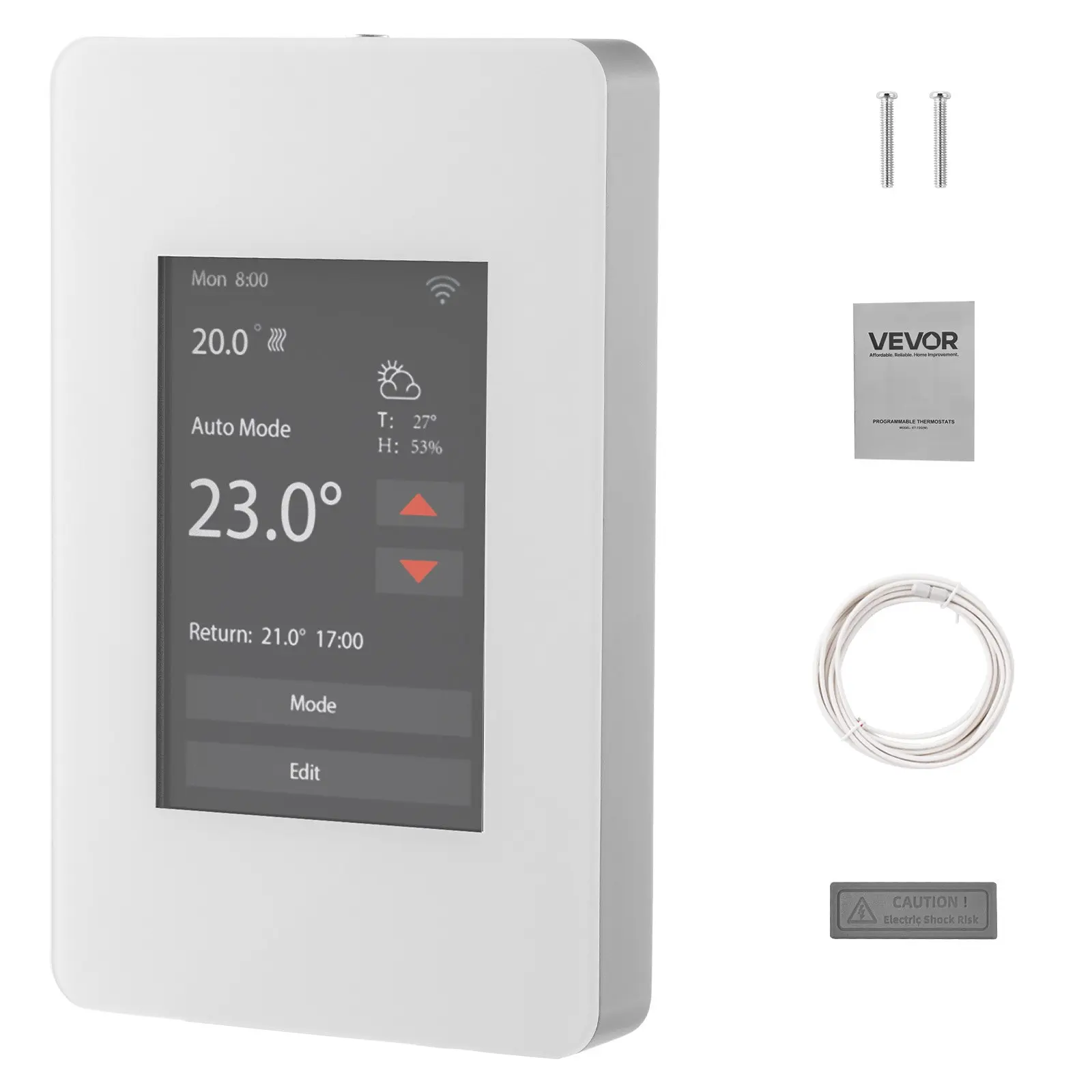 【toolupgrade】VEVOR 7-Day Programmable Thermostat for Indoor Use - Radiant Underfloor Heating Cable & Heat Pump Temp Control, GFCI Sensitive Sensor, TFT Touchscreen, Manual Operation, Efficient Gray-White (No Wifi)