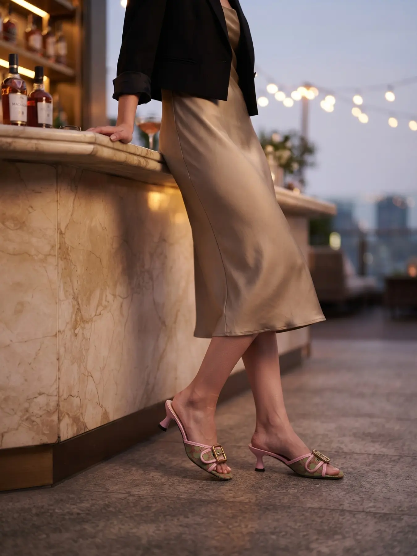 Women's Luxury Monogram Mule Heels Gold Buckle Pointed Toe Kitten Heel Shoes Old Money Style Elegant Dress Shoes