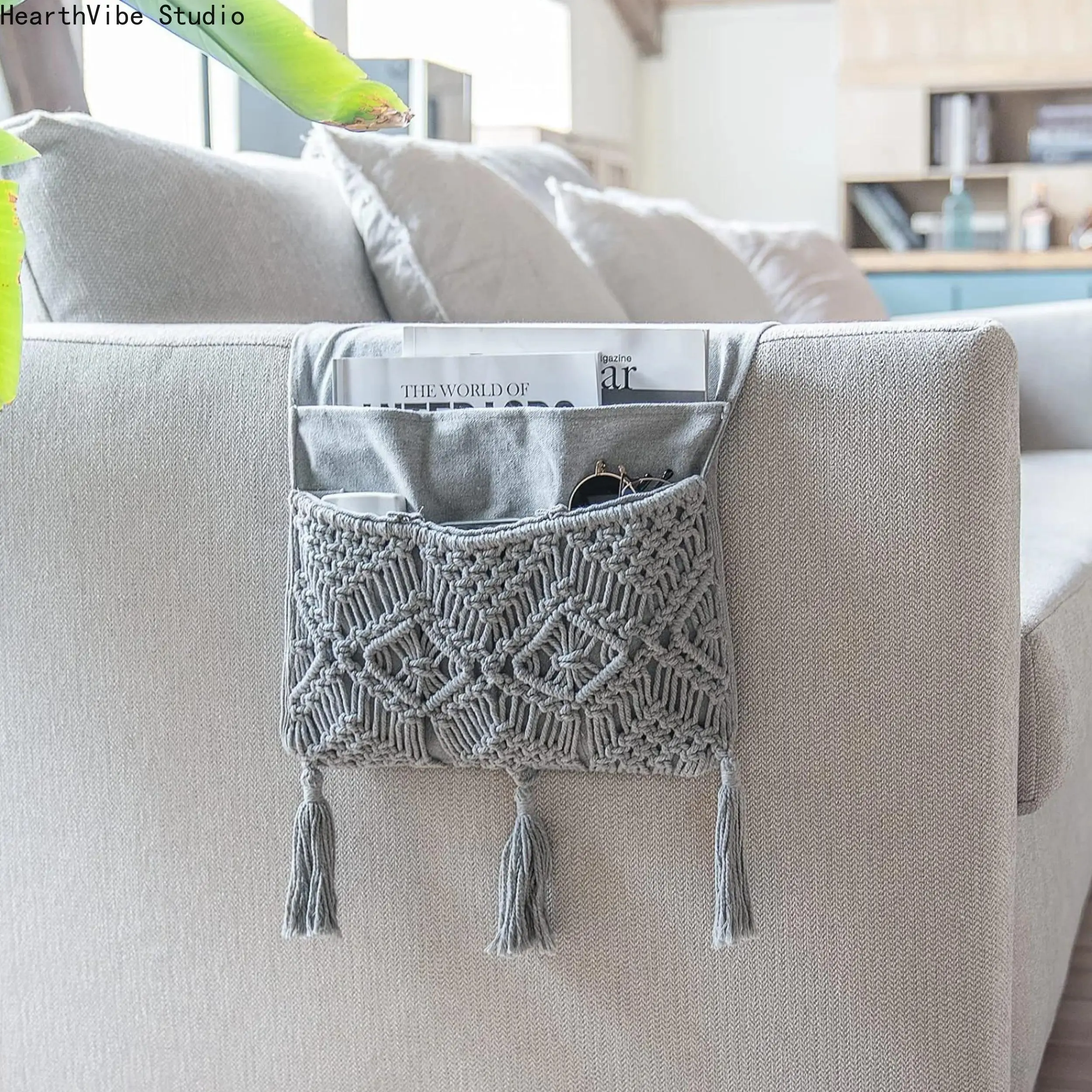 Sofa Armrest Organizer, Aesthetic Macrame Couch Side Pocket Storage Bag for Remote Control, Phone, Books & Essentials, Space-Saving Hanging Holder for Living Room, Bedroom, Bedside & Home Office