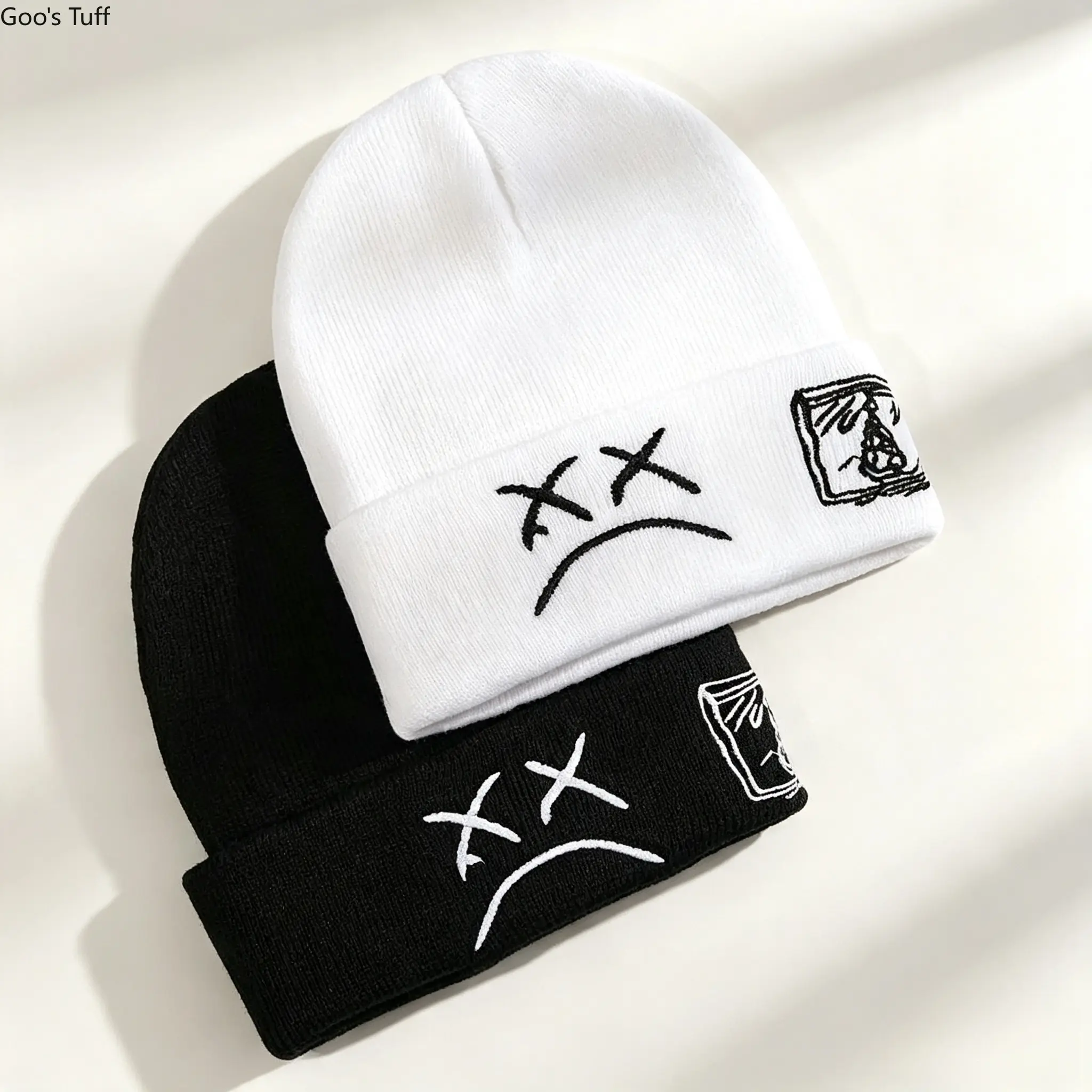Unisex Sad Face Embroidered Cuffed Knit Beanie - Warm Hip Hop Style Fitted Hat for Men, Women - Winter Daily Street Wear Fashion Accessory