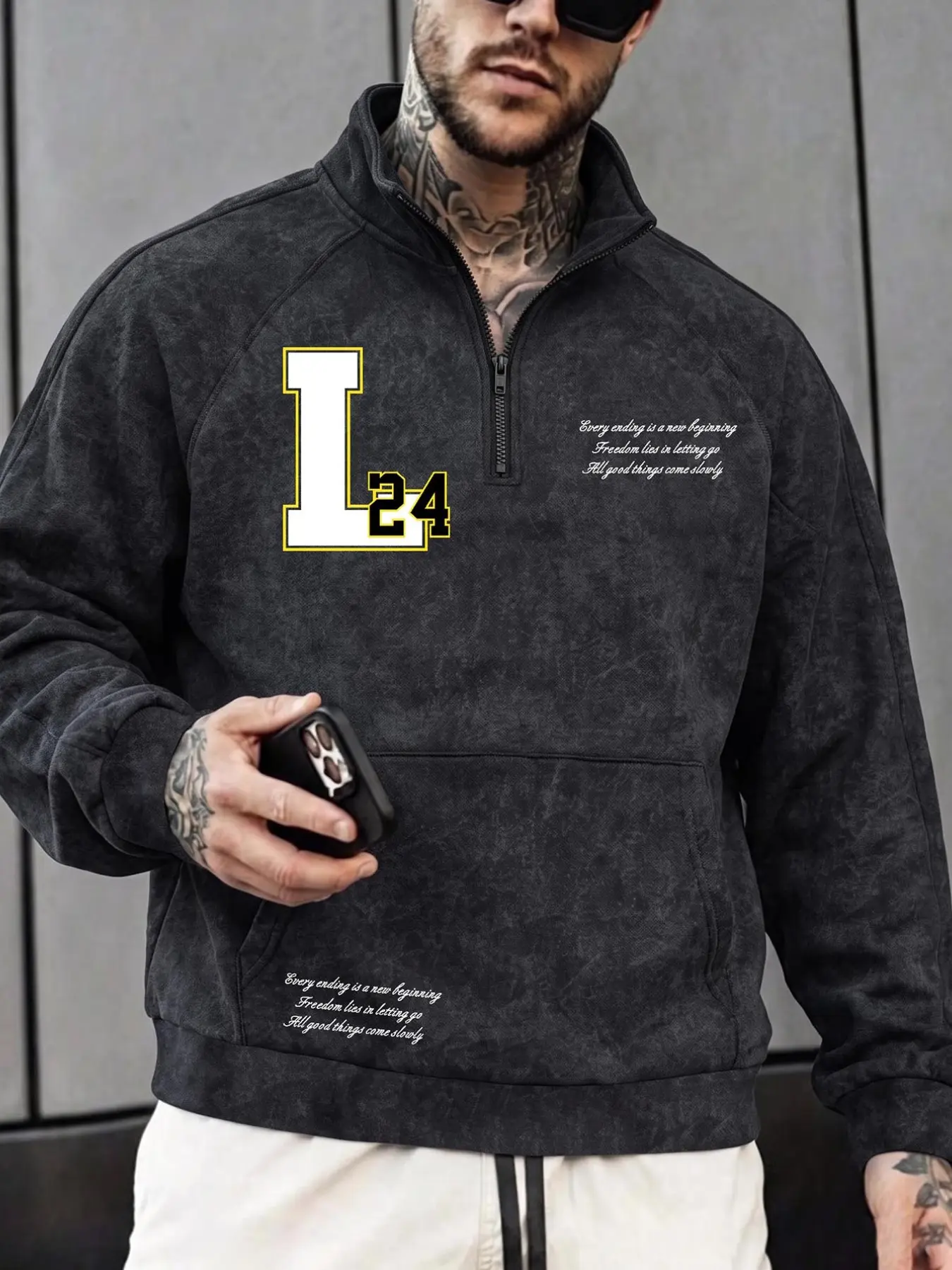 Men's Spring & Fall Casual Sweatshirt, L24 Kobe Memorial Letter Design, Classic Plus Size Half-Zip Hoodie, Comfortable Leisure Wear