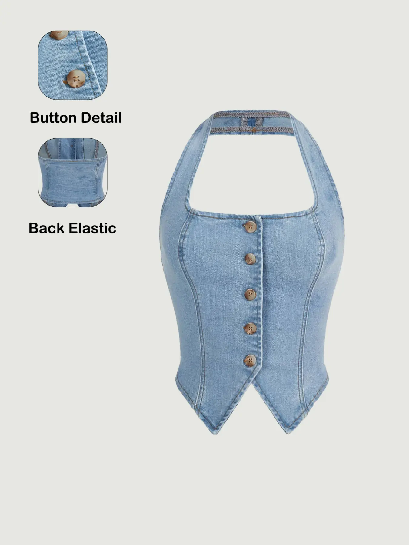 Women's Halter Neck Denim Top, Vintage Button Detail, Strappy Back Design, V-Back Crop Cut, Perfect for Summer Vacation and Parties
