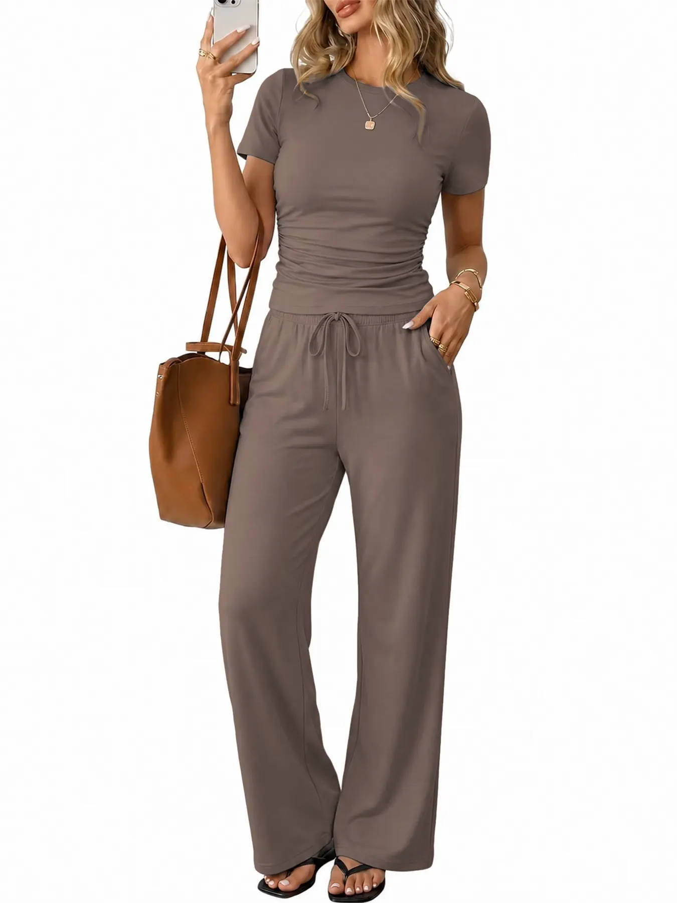 Women's Casual 2-Piece Everyday Loungewear Set, Crew Neck Ruched Crop Top and Drawstring Wide-Leg Pants with Side Pockets