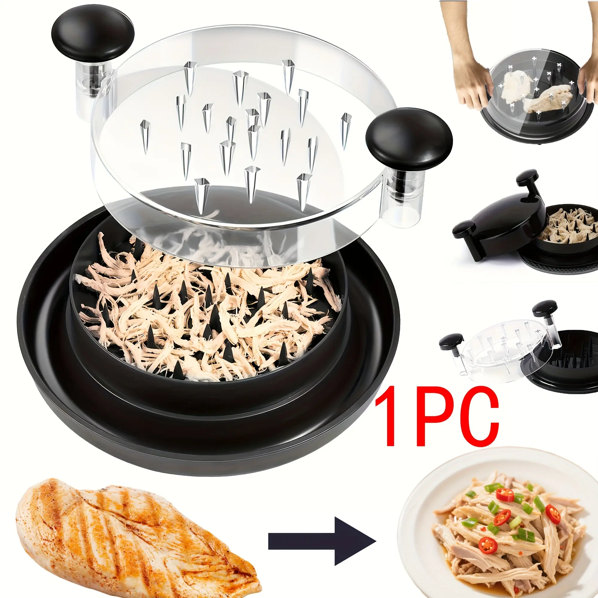 Black Kitchen Chicken Shredder with Rotating Lid, Large Non-Slip Rotating Blade, Easy to Operate and Clean, Ideal for Shredding Chicken, Cabbage, Beef, Features Lid
