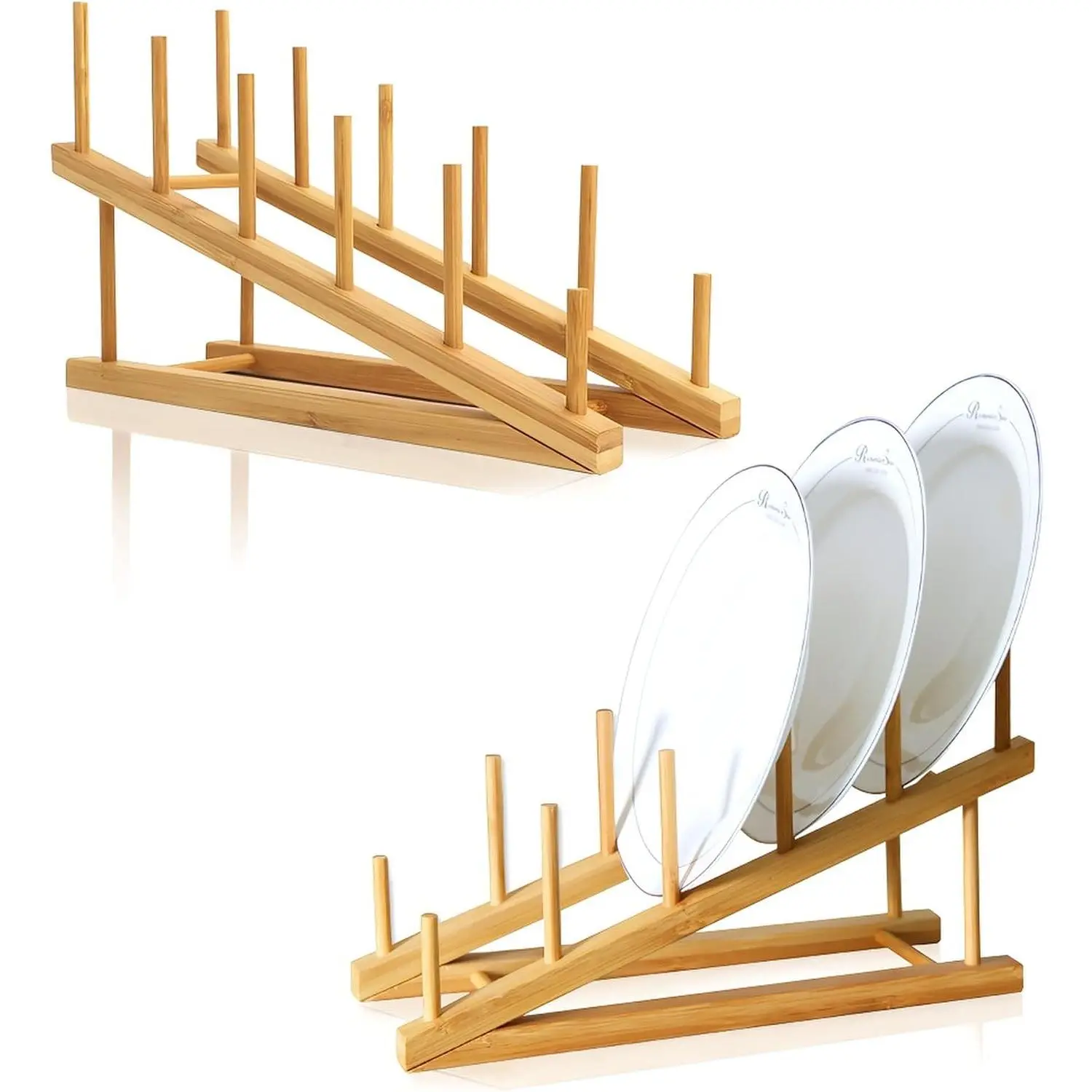 2-Count Sturdy Compact Wooden Dish Drying Rack with Drainage, Kitchen Cabinet Organizer for Dishes, Plates, Bowls, Cups, Pot Lids & Cutting Boards