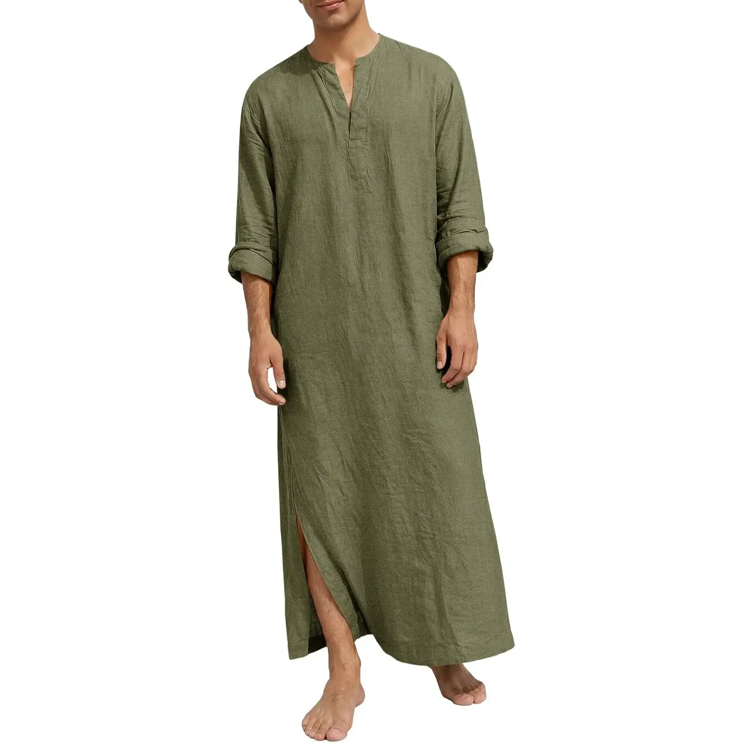 Runcati Men's Linen-Cotton Kaftan Robe - Long Sleeves, V-Neck, Casual Islamic Thobe Kurta Gown Shirt for Modest Fashion, Casual Wear