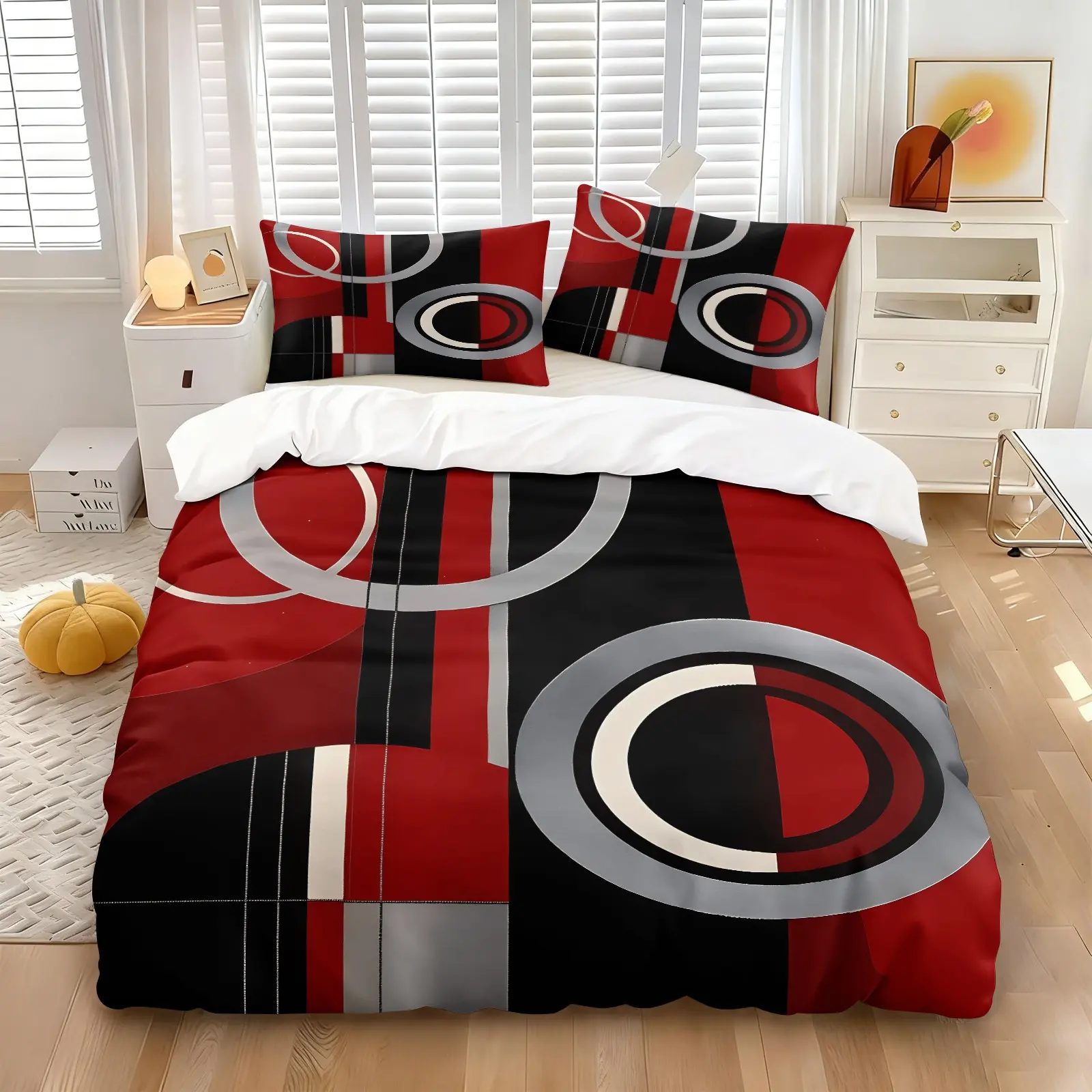 Modern Red Black Gray Geometric Circle Duvet Cover Set, 1 Quilt Cover & 1-2 Coreless Pillowcase, Soft Polyester Abstract Bedding Set, Minimalist Contemporary Decor For Adult Bedroom, Modern Art Lover Housewarming Gift