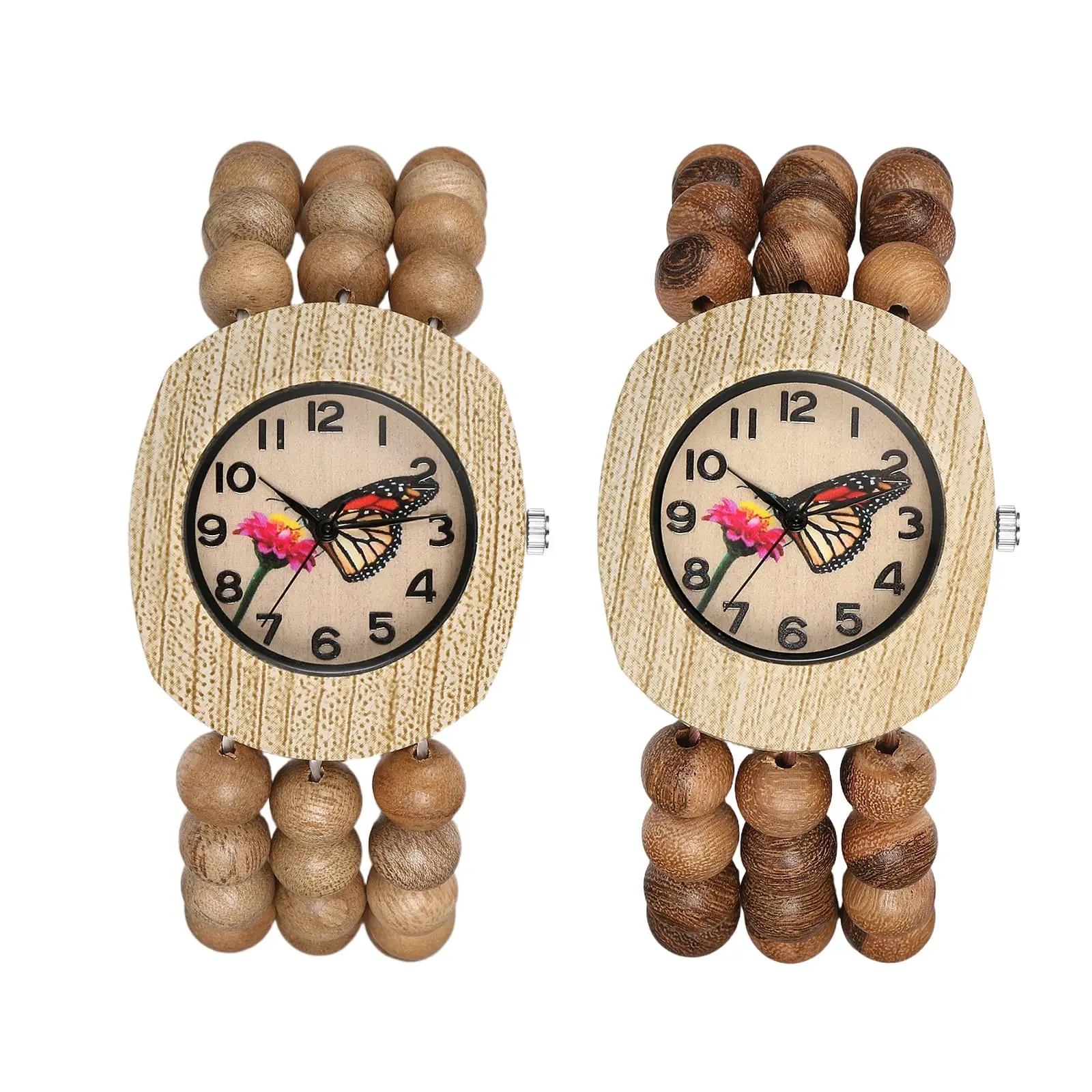 Women's Boho Wood Watch with Handmade Beaded Elastic Band, Floral Dial Tonneau Alloy Case, Quartz Wristwatch for Birthdays & Anniversaries, Creative Souls, Mother's Day