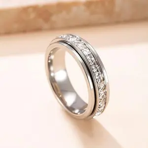 Titanium Steel Anxiety Spinner Rings for Women & Men | Cubic Zirconia Fidget Band for Stress Relief, Comfort Fit Promise & Wedding Ring