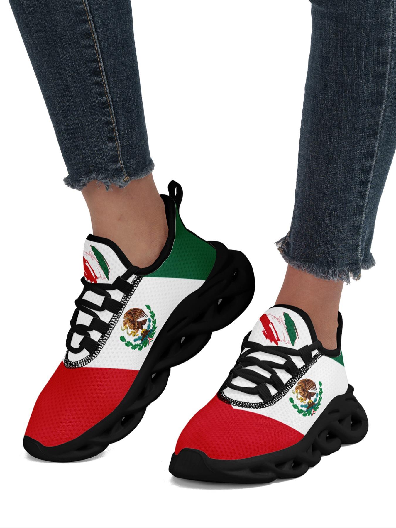 Women's Mexico Flag Print Lace Up Running Sneakers, Casual Comfortable Breathable Sports Fashionable Shoes, Gym Training Sport Walking Sneakers for Daily Wear, Trainer