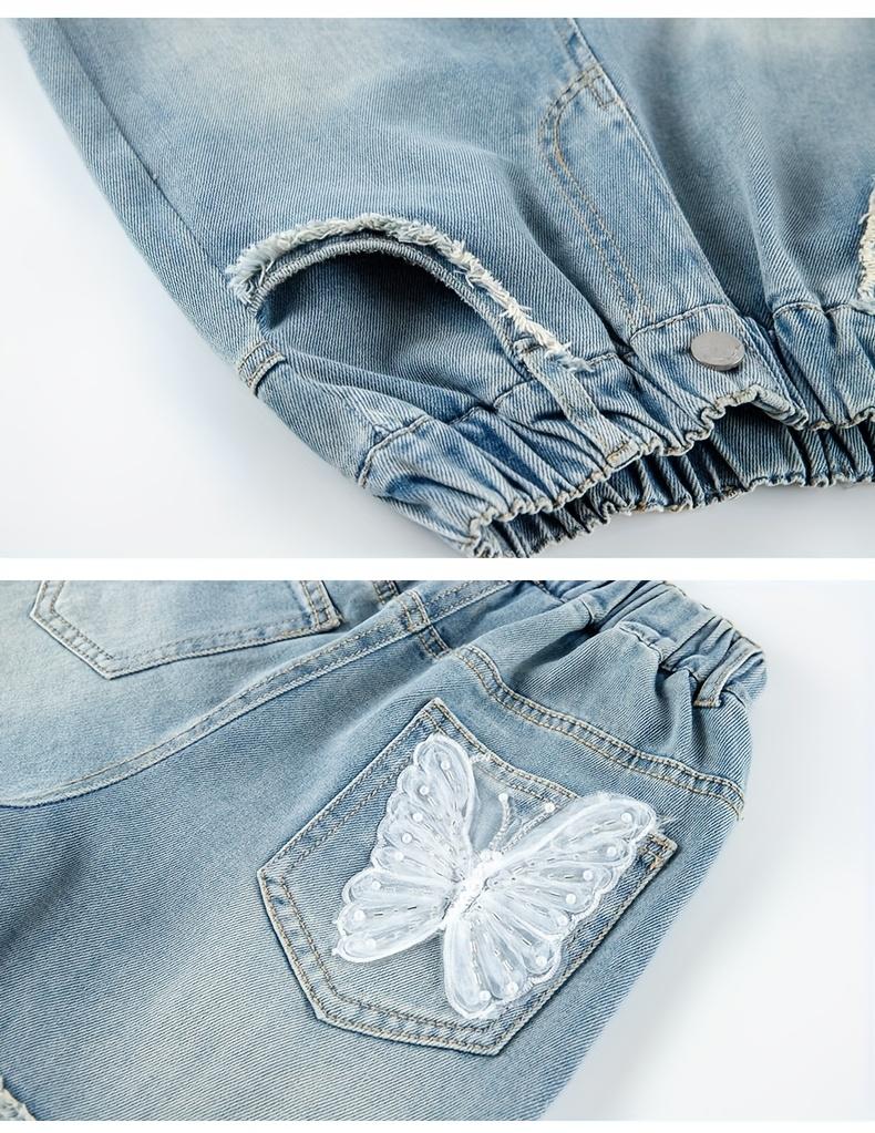 Girls' Butterfly Denim Shorts - 75% Cotton Blend Loose Fit Summer Shorts with Elastic Waistband, Machine Washable Casual Shorts for Teens 12+ Years, Birthday & Eid Gift