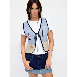 Cider Knit Cotton-blend Beach Scenery Graphic Embroidery Tie Front Vest Dealsforyou