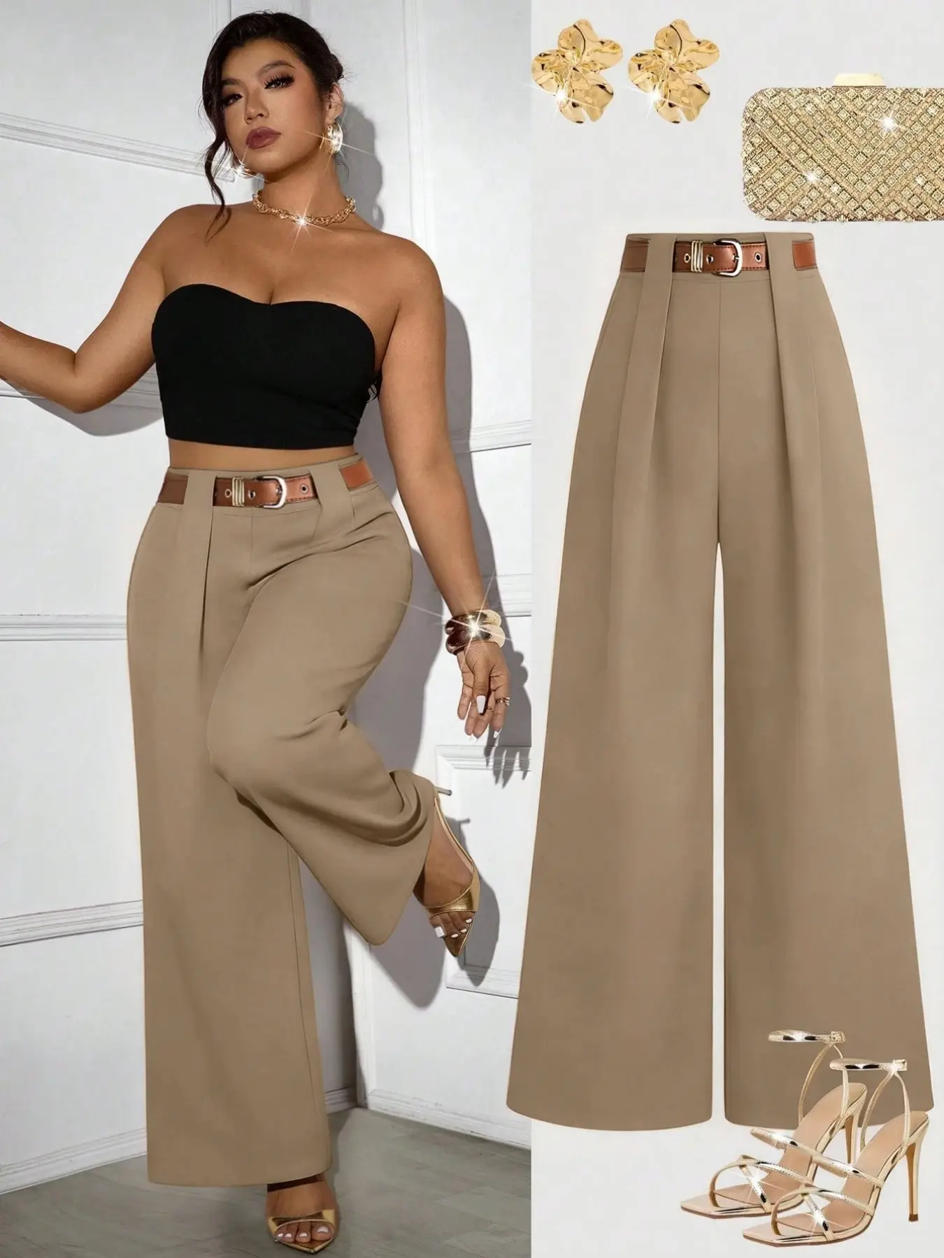 Women's Plus Size High Waisted Wide Leg Pants Belted Pleated Front Trousers Elegant Office Workwear Business Casual Commuter Outfits Trendy