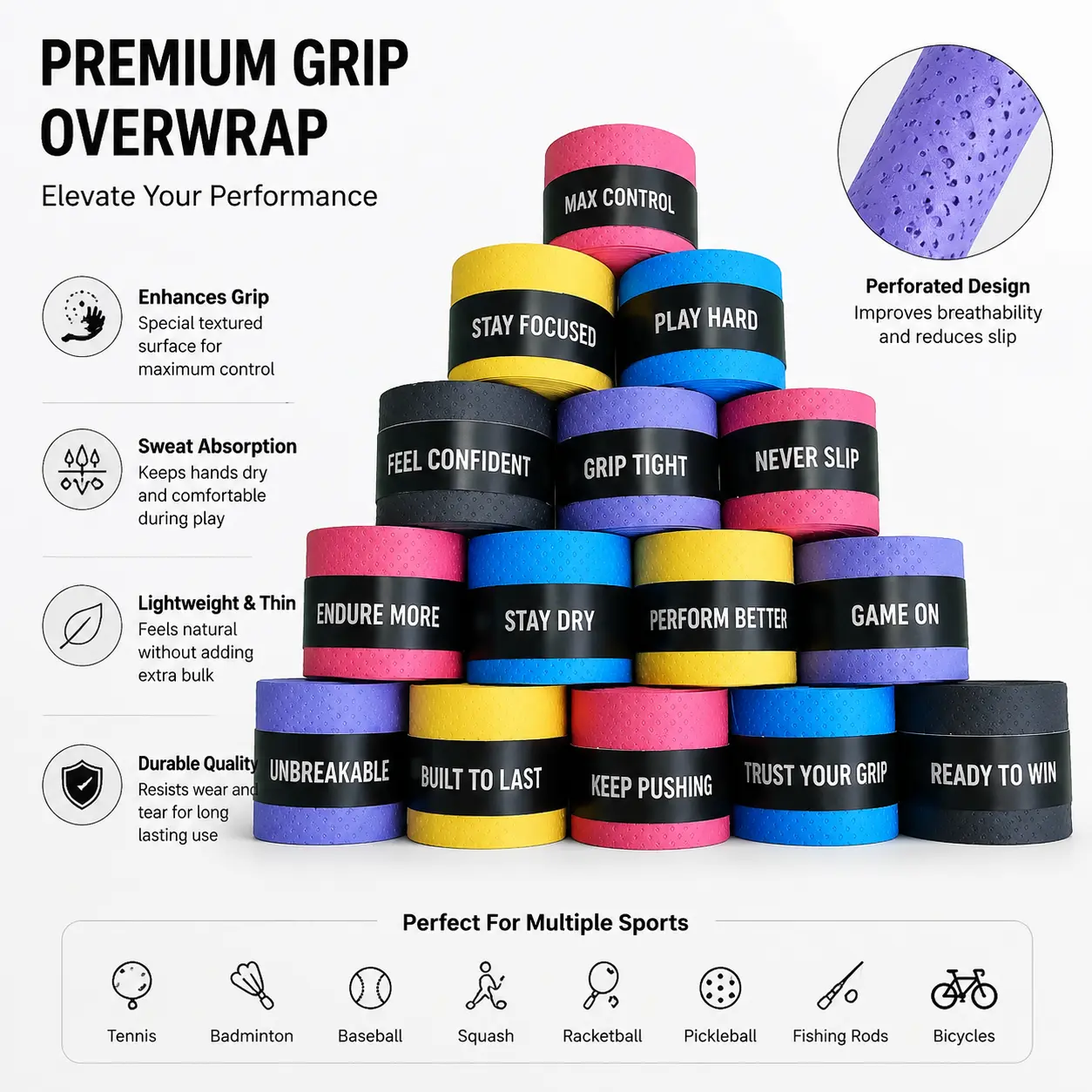 High-Performance Non-Slip Sweat-Absorbing Grip Tape for Badminton, Tennis, and Fishing Rod Handles – Durable, Breathable, Easy-to-Apply Wrap with Enhanced Tactile Control and Comfort