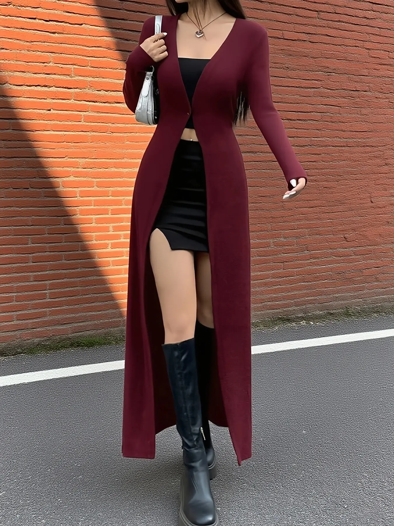 Women's Burgundy Long Knit Cardigan, Spring Summer Long Sleeve V-Neck Open Front Slim Fit Coat, Fashionable Chic Ladies Outerwear