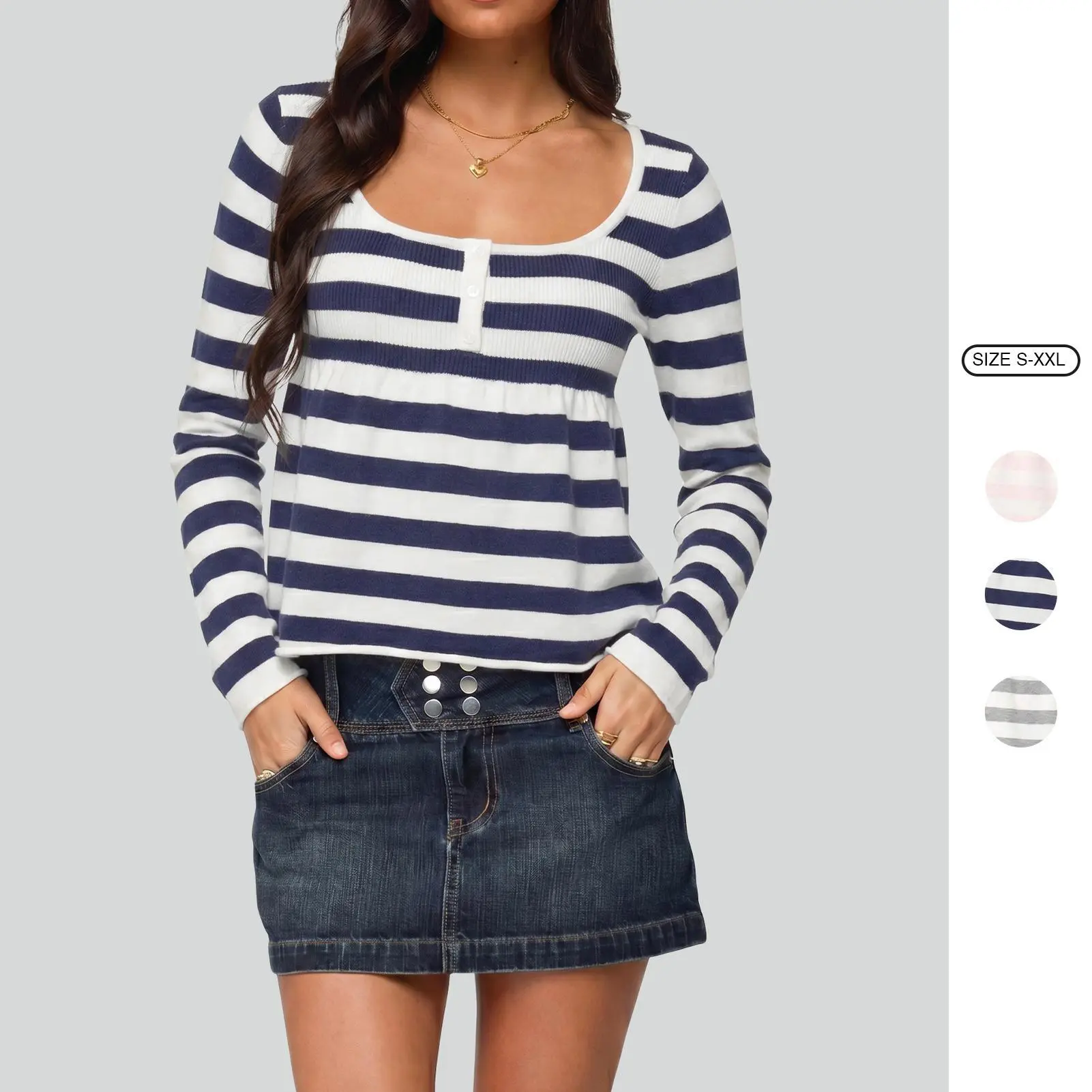 Imily Bela Women's Striped Ribbed Babydoll Knit Long Sleeve Y2K Top Henley Button Peplum Shirt
