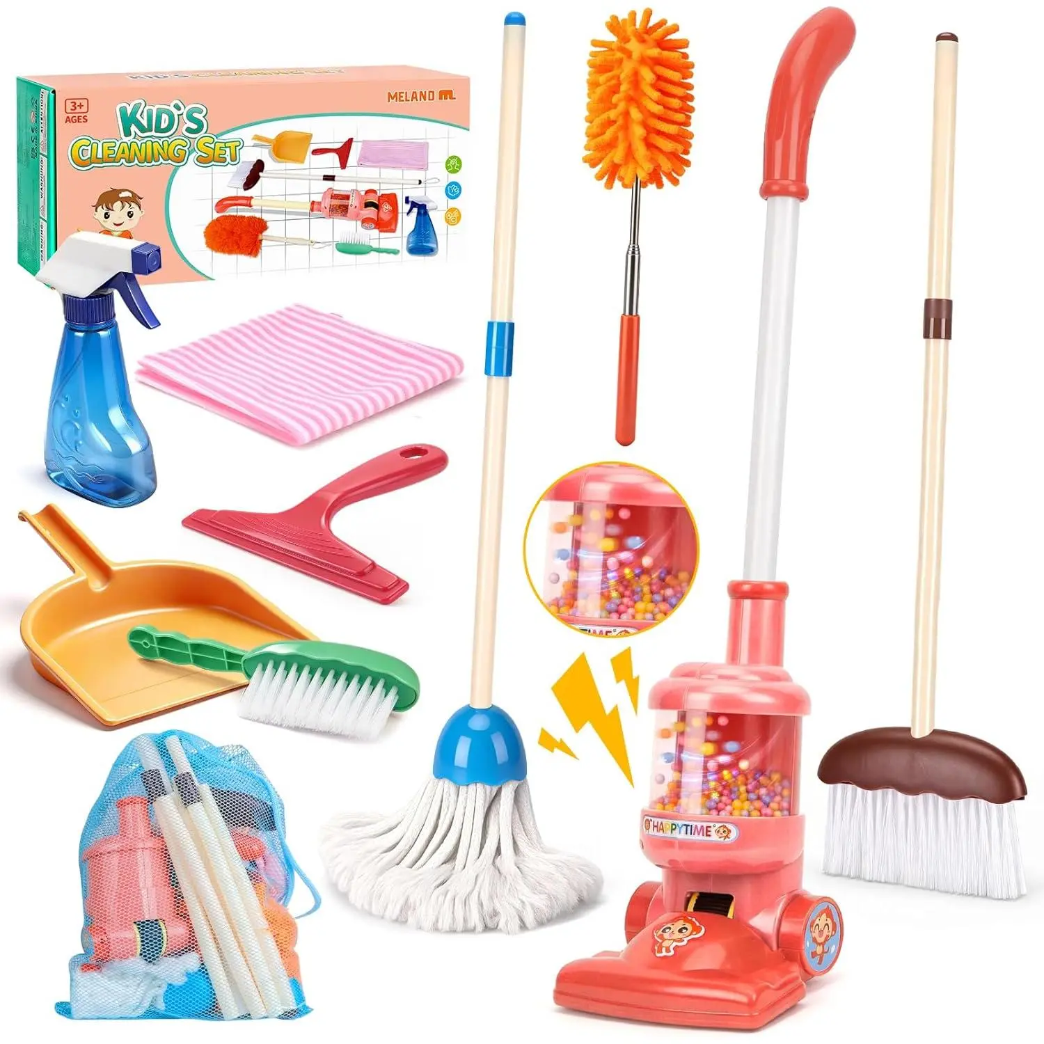 8-Piece Kids Cleaning Set with Toy Vacuum Broom | Toddler-size broom toy vacuum encourage household role play, coordination pretend play, gift for boys girls ages 3-6