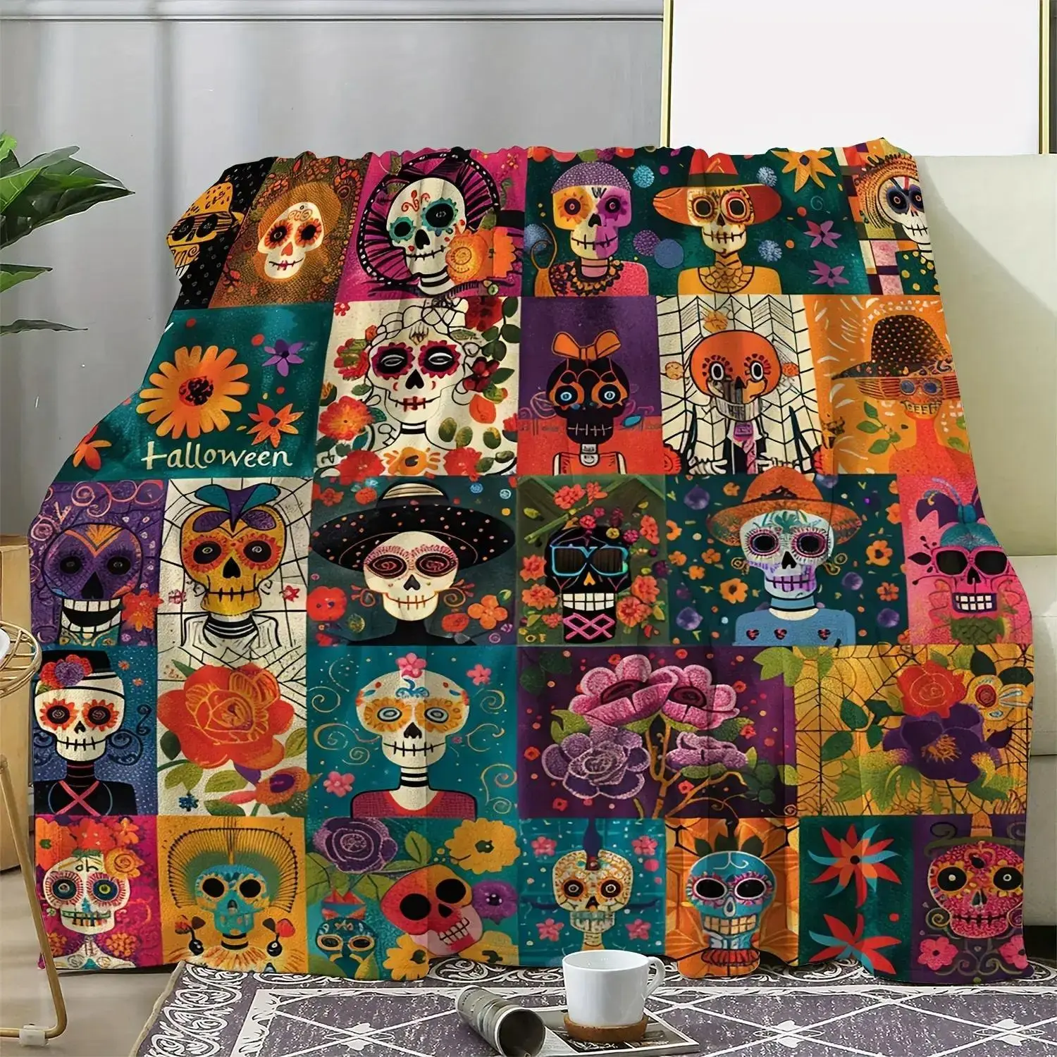 Vintage Day of the Dead Sugar Skull Floral Flannel Throw Blankets, Halloween Themed Decor Blanket, Soft All-Season Polyester Digital Print, 250-300g Lightweight Cozy Blanket for Sofa Bed Office Couch Daily Nap Camping Travel, Unique Movie Night Holiday