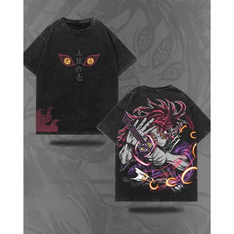 Japanese Anime Demon Slayer Kokushibo Graphic Washes T-shirts Men's Women's Pure Clothing Harajuku Y2K Streetwear Cotton Tops