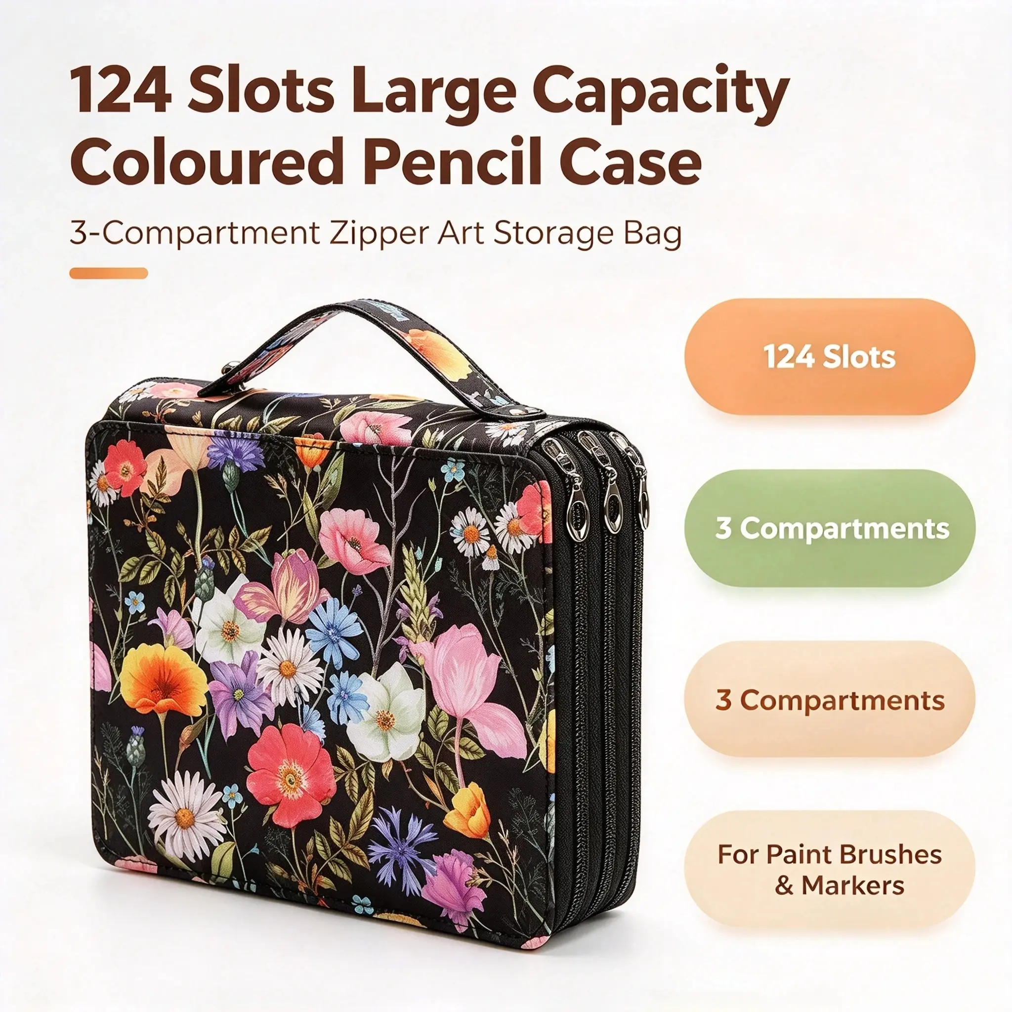 124 Slots Large Capacity Coloured Pencil Case, 3 Compartment Zipper Art Storage Bag, Portable High Capacity Organizer Marker Crayon Pen Organiser for Artists, Students & Kids